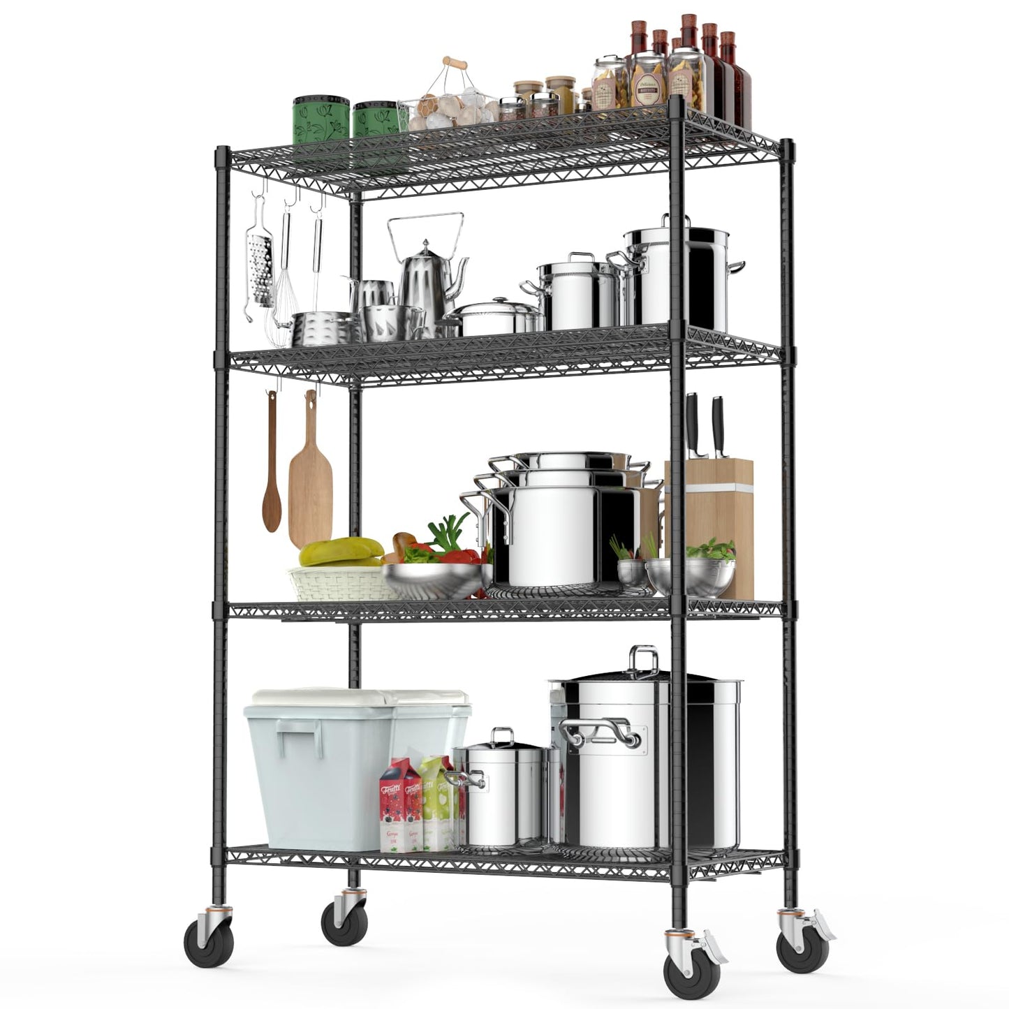 Wire Shelving Unit with Wheels, NSF Certified 4 Tier Adjustable Storage Shelves 48"×24"×72", 2400LBS Heavy Duty Shelving Commercial Grade Metal Storage Utility Rack for Kitchen Garage, Black