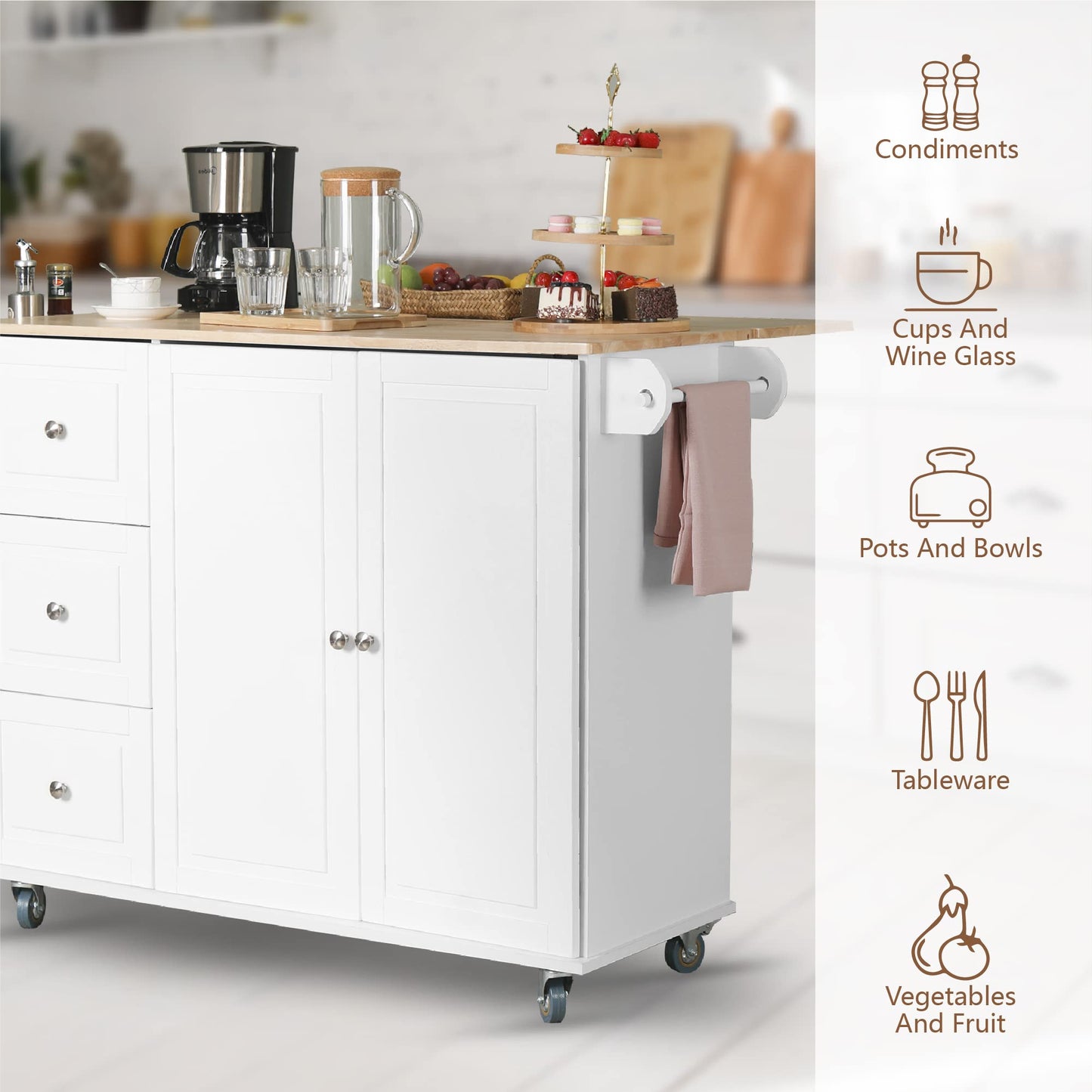 Rolling Kitchen Island on Wheels with Drop-Leaf, Mobile Kitchen Island Cart with 3 Drawers Storage Cabinet, Wood Countertop, Adjustable Shelf, Towel Bar and Spice Rack for Dining Room, White