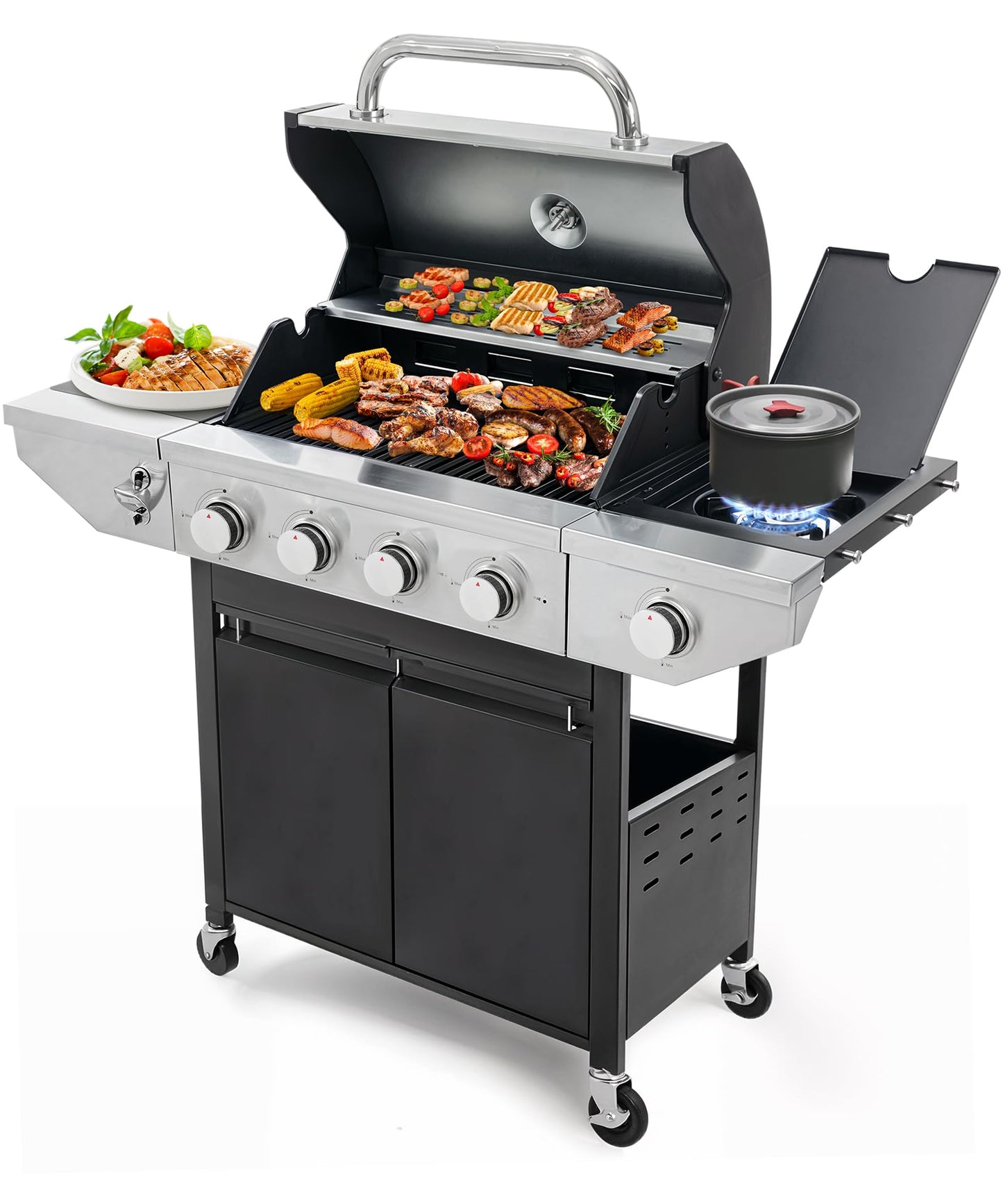 4 Burner Propane Gas Grill with Side Burner, Stainless Steel BBQ Grill 48,500 BTU for Outdoor Cooking Kitchen, Garden and Patio Backyard Barbecue, Black and Silver