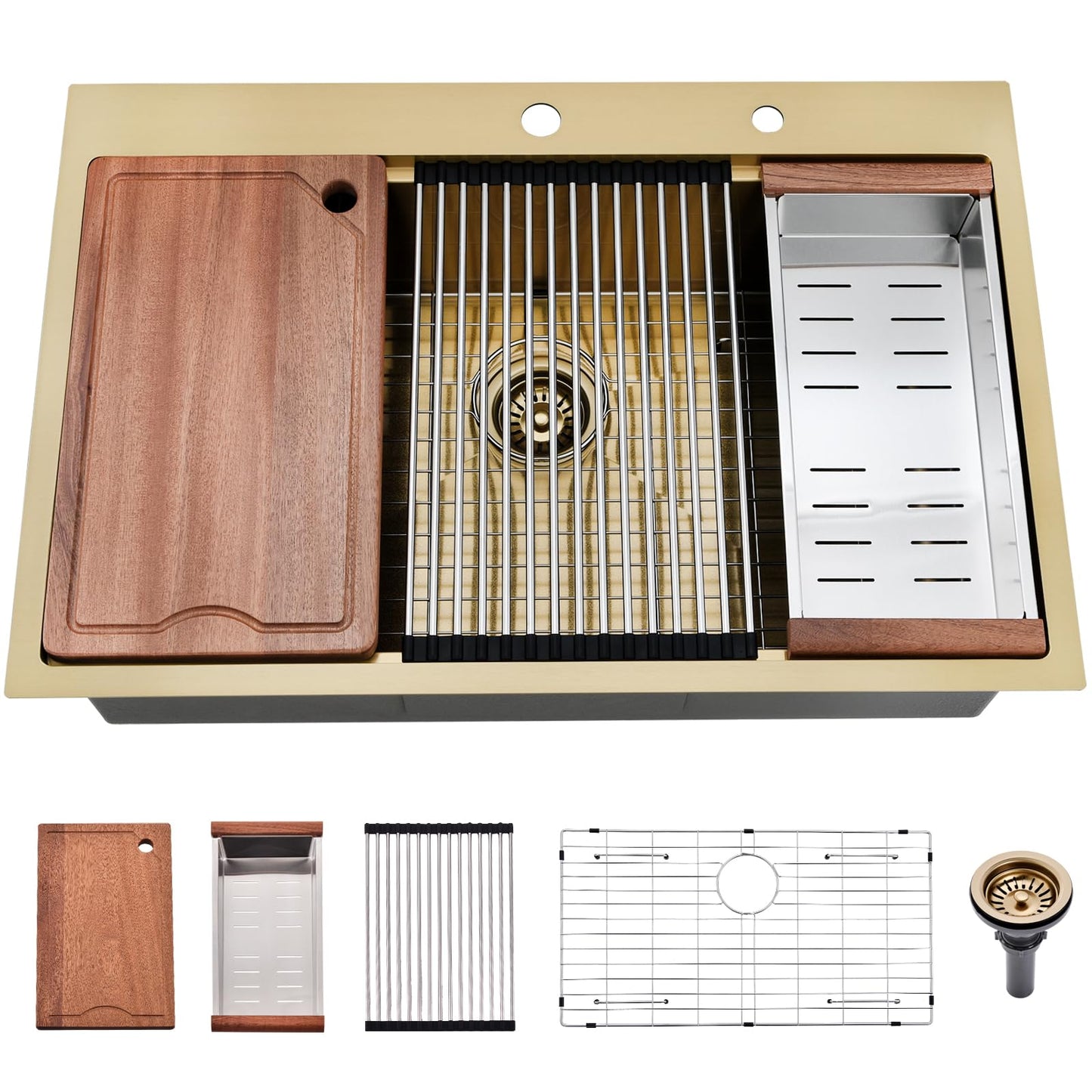 33 Inch Gold Kitchen Sink Drop In-33×22 Drop-In Kitchen Sink Gold Workstation Kitchen Sink 16-Gauge Gold Stainless Steel Kitchen Sink 10 Inch Deep Single Bowl Kitchen Sink with Cutting Board