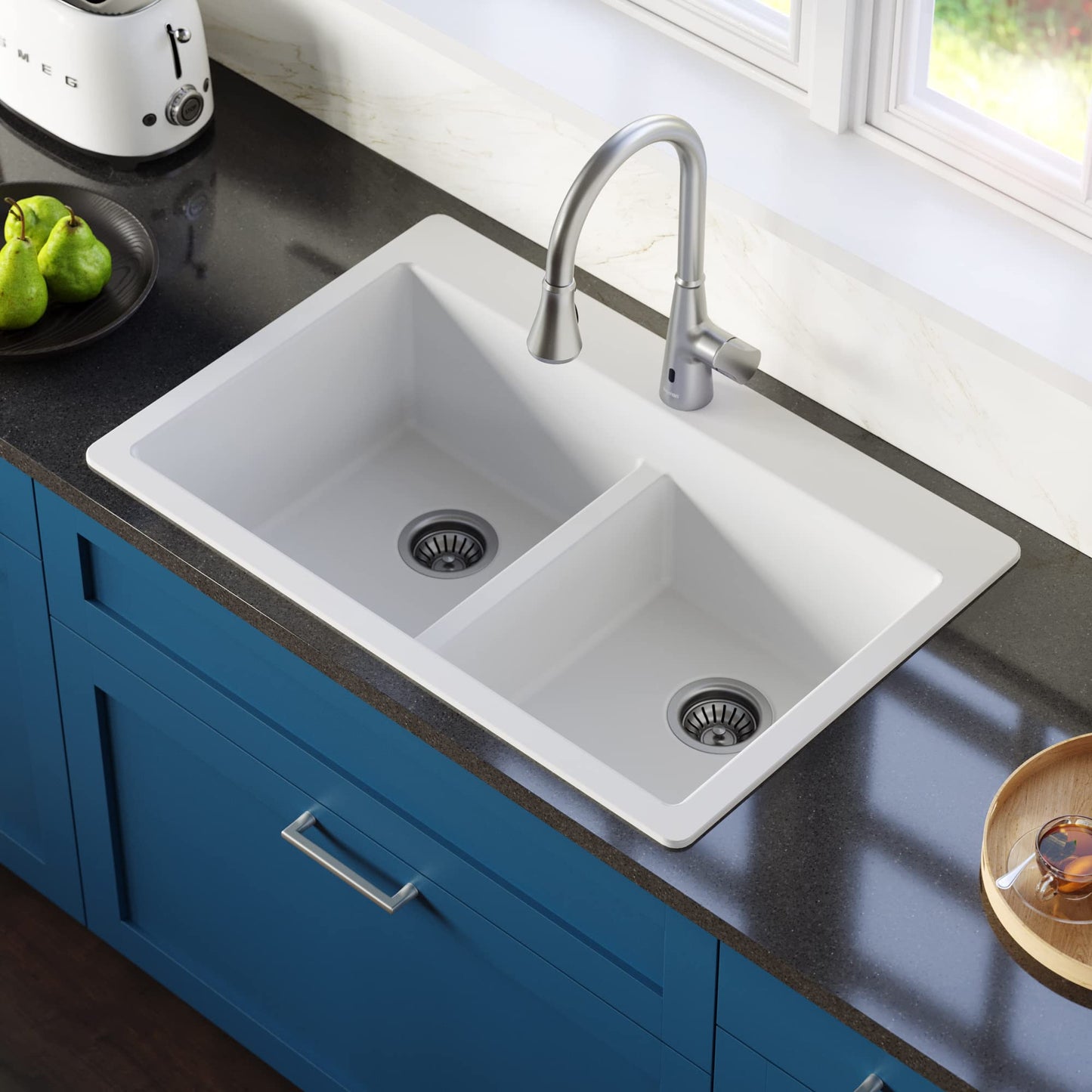 " Top Mount Double Equal Bowl Quartz Kitchen Sink in White"