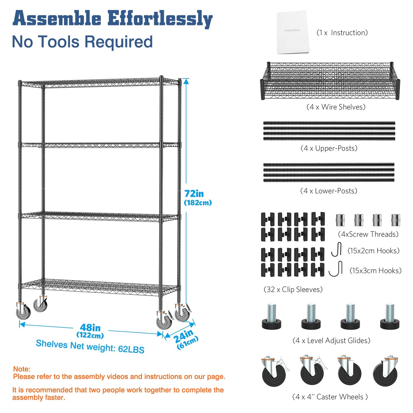 Wire Shelving Unit with Wheels, NSF Certified 4 Tier Adjustable Storage Shelves 48"×24"×72", 2400LBS Heavy Duty Shelving Commercial Grade Metal Storage Utility Rack for Kitchen Garage, Black