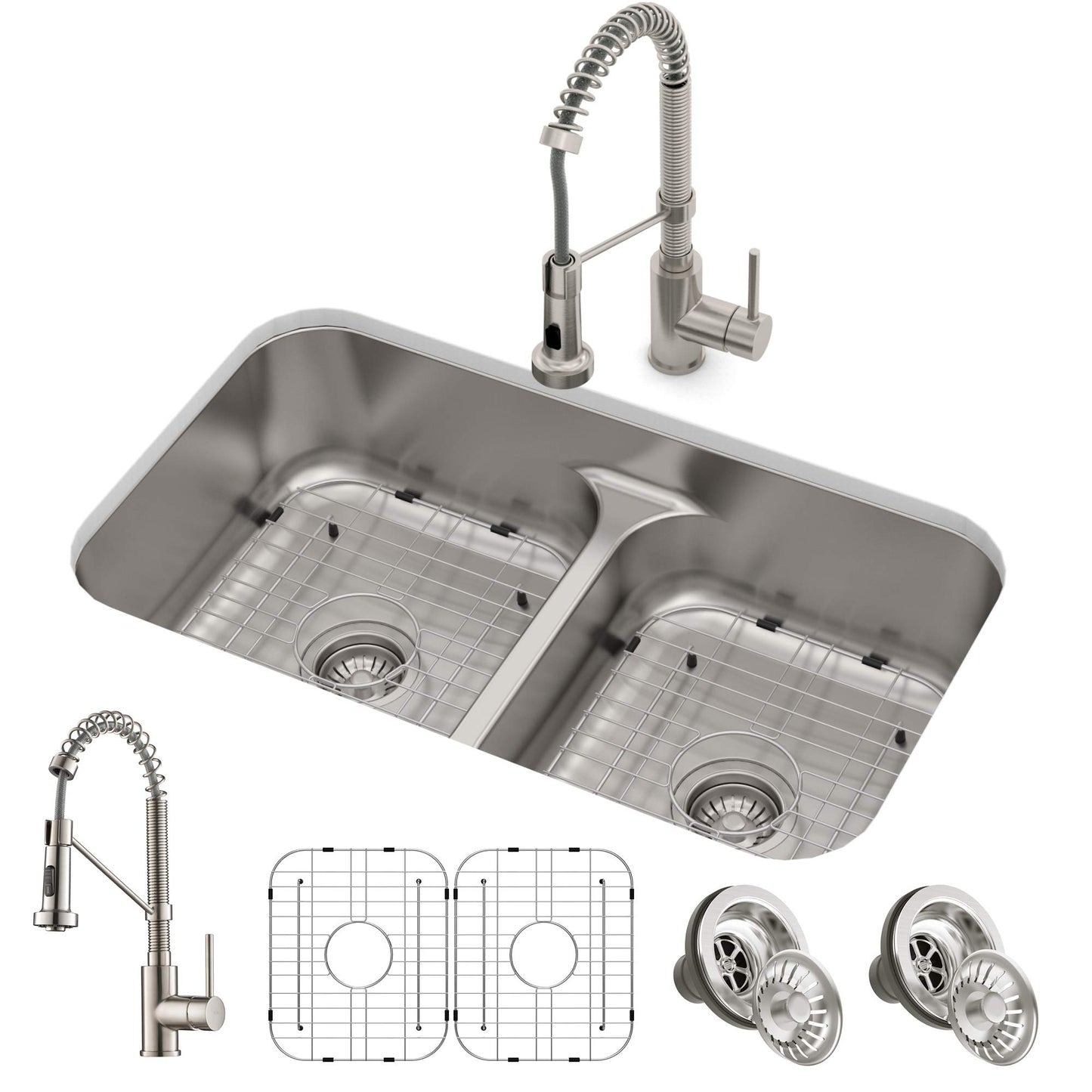 Ellis Kitchen Combo Set with 33-inch 16 Gauge Undermount Kitchen Sink and Bolden 18-inch Pull-Down Commercial Style Kitchen Faucet, Spot Free Stainless Steel Finish