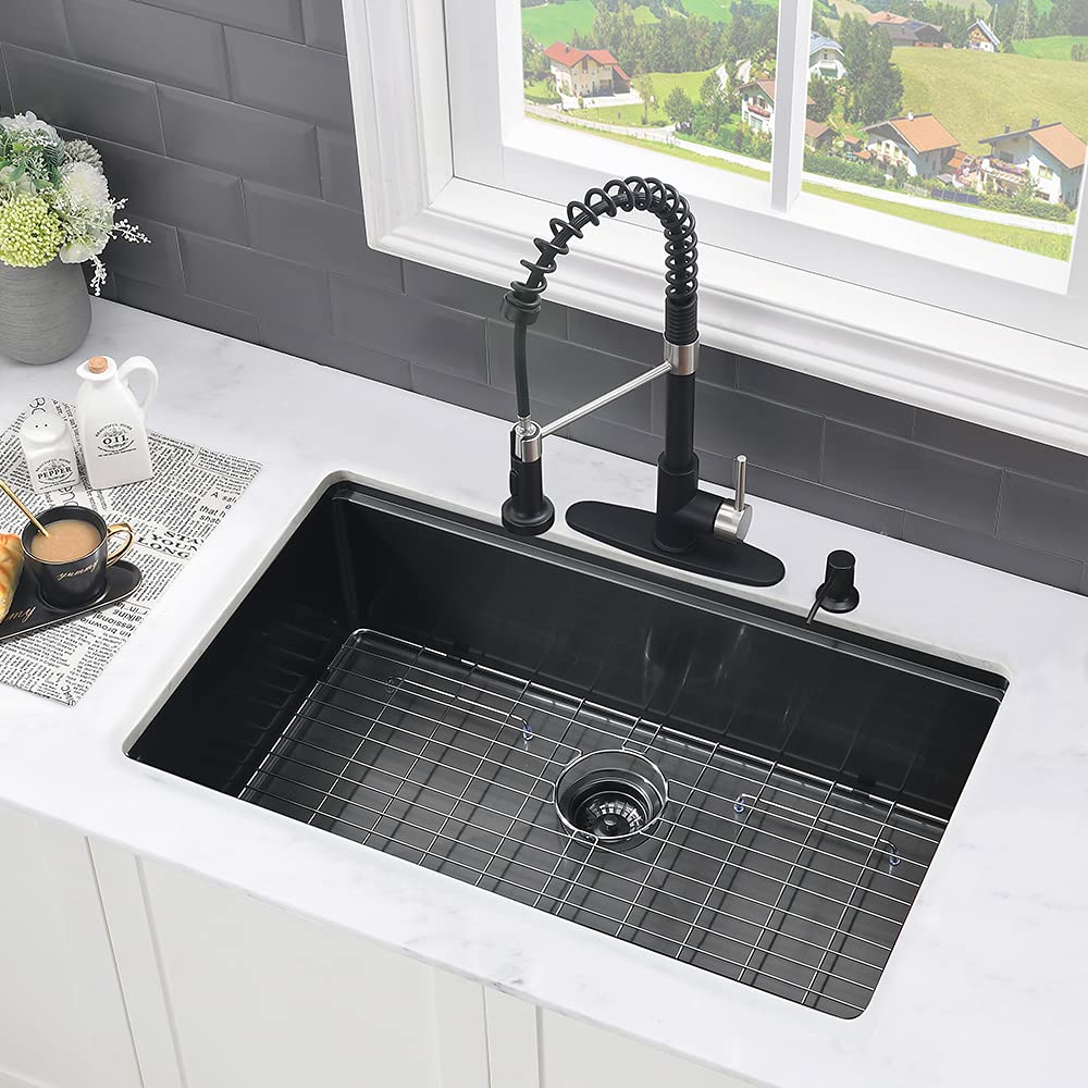 30 Inch Black Undermount Kitchen Sink Workstation- 30x19 Undermount Kitchen Sink Black Stainless Steel Workstation Sink 16 Guage Single Bowl Deep Kitchen Sink with Cutting Board