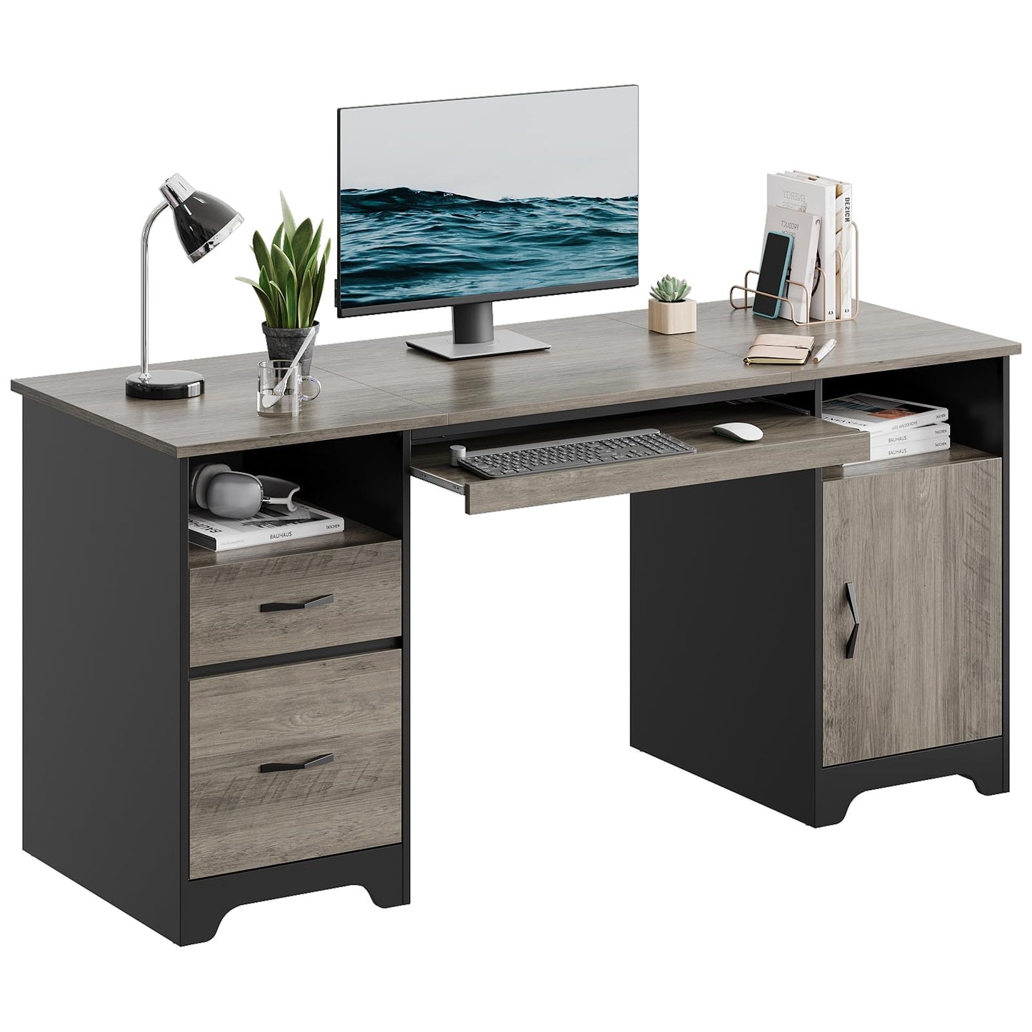 59” Executive Desk with 2 Drawers, Computer Desk with Storage Cabinet, Industrial Wood Desk with File Drawer, Keyboard Tray & 2 Pedestals for Home Office & Studio, Gray