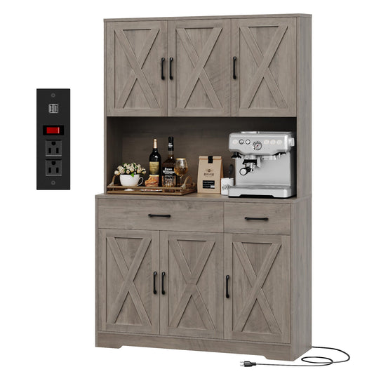 71" Pantry Cabinet with Charging Station, Tall Kitchen Pantry Storage Cabinet with Microwave Stand, Farmhouse Kitchen Hutch Cabinet with Storage Drawers for Living Room, Dining Room, Ash Grey