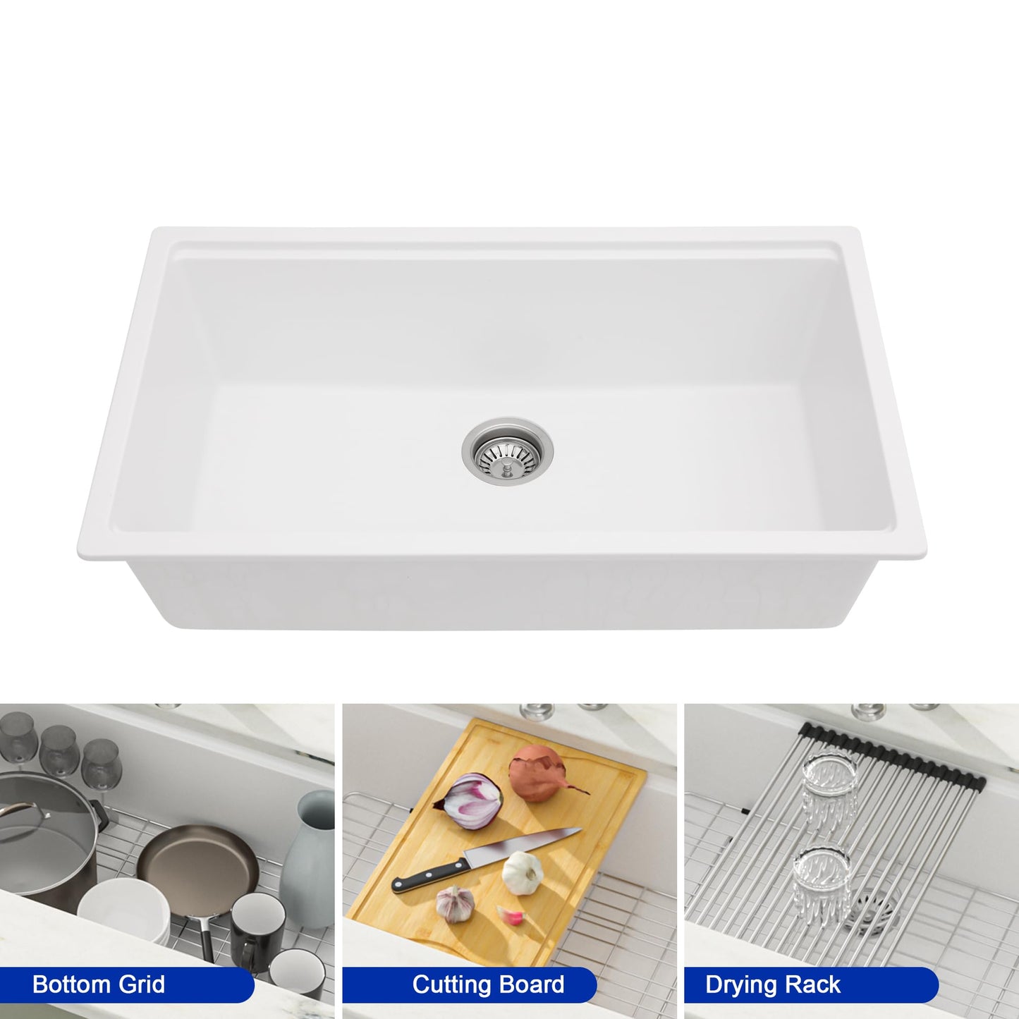 White Kitchen Sink 32-Inch Undermount Granite Composite Workstation Single Bowl Quartz Kitchen Sink, 32"W x 19"D x 10"H