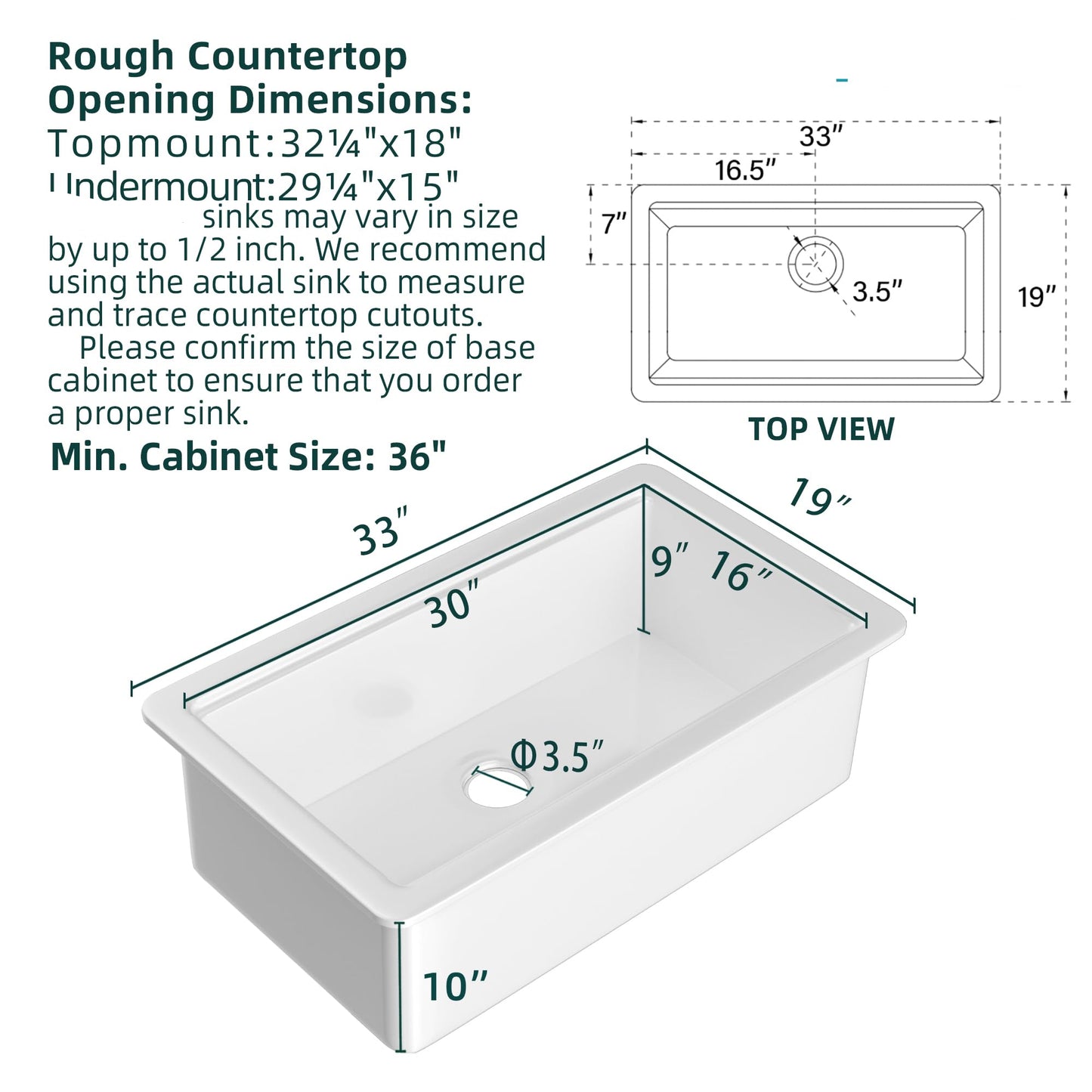 White Undermount Workstation Kitchen Sink 33 Inch - Topmount Fireclay Sink Drop In 33"x19"x10", Dual Mount, Large Single Bowl, with 4 Custom Accessories, Glossy White, for Kitchen