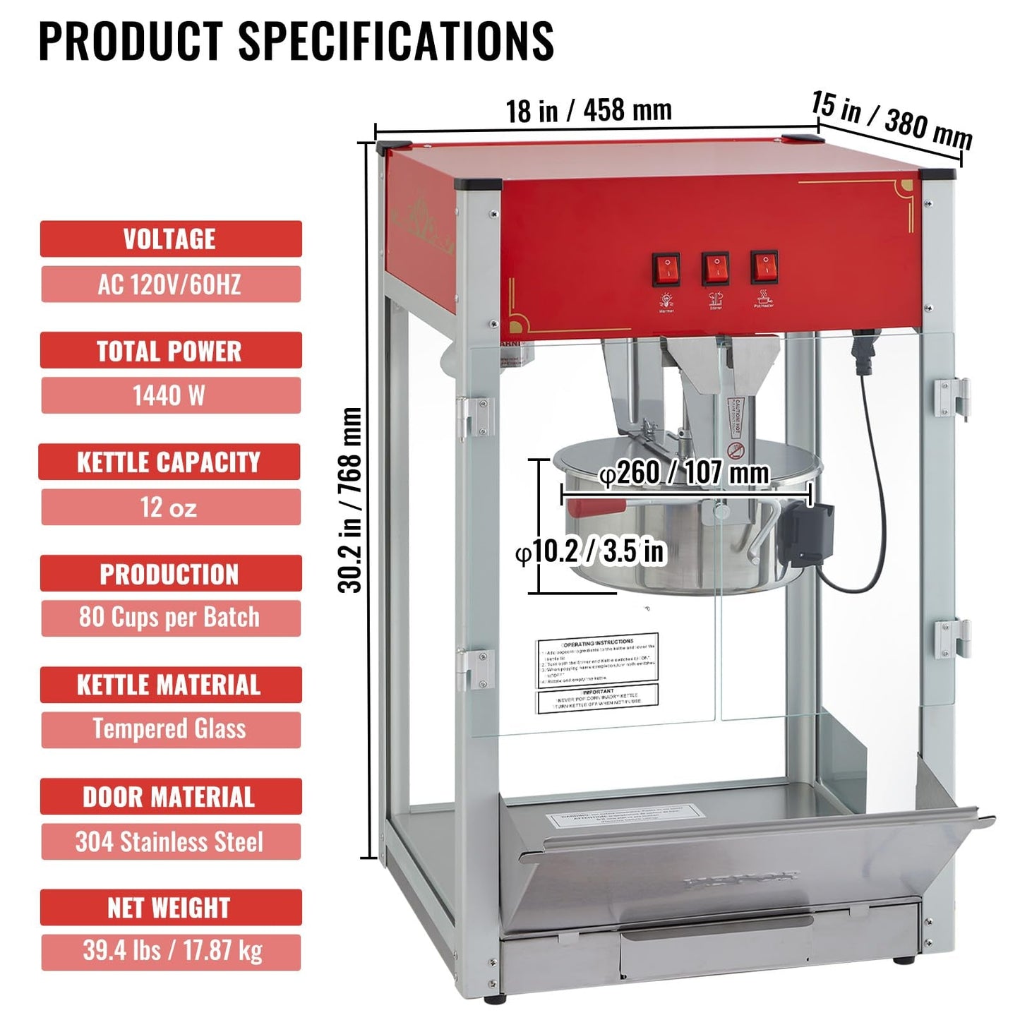 Commercial Popcorn Machine, 12 Oz Kettle, 1440 W Countertop Popcorn Maker for 80 Cups per Batch, Theater Style Popper with 3-Switch Control Steel Frame Tempered Glass Doors 1 Scoop 2 Spoons, Red