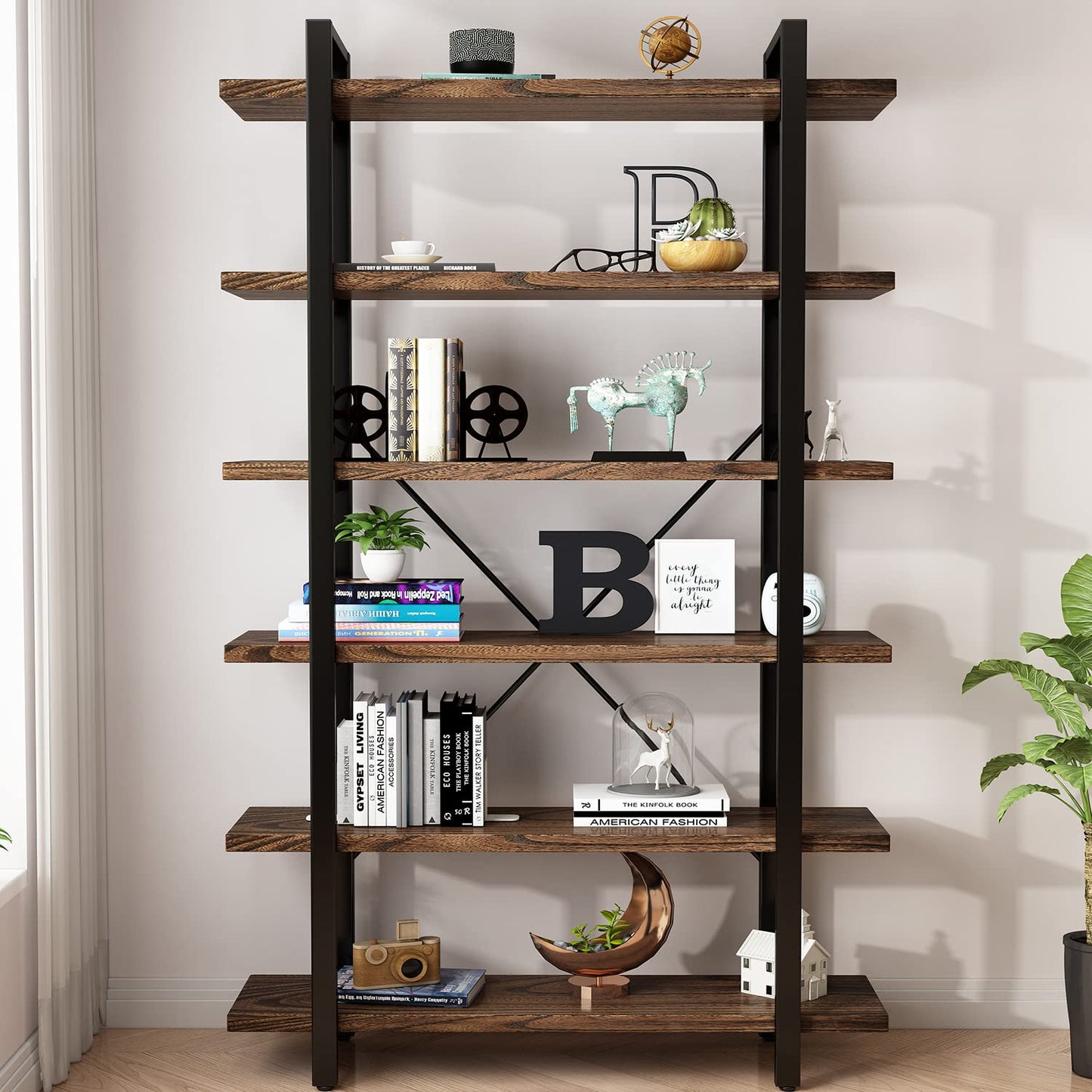 Solid Wood Bookcase and Book Shelves Wood and Metal Shelving Unit 5 Tier Bookshelf Modern Rustic Open Bookshelf Office,Distressed Brown (AY-02-6Tier)