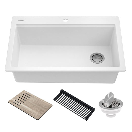 Bellucci Workstation 33 in. Drop In Single Bowl Granite Kitchen Sink in White with Accessories