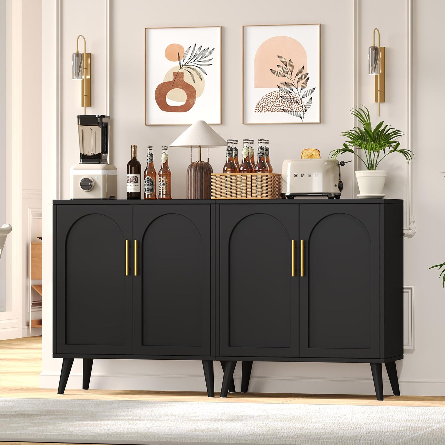 Set of 2 Storage Cabinet with 4 Doors, Accent Bathroom Floor Cabinet, Modern Sideboard Buffet Closet for Living Room, Entryway, Dining Room and Kitchen, Black