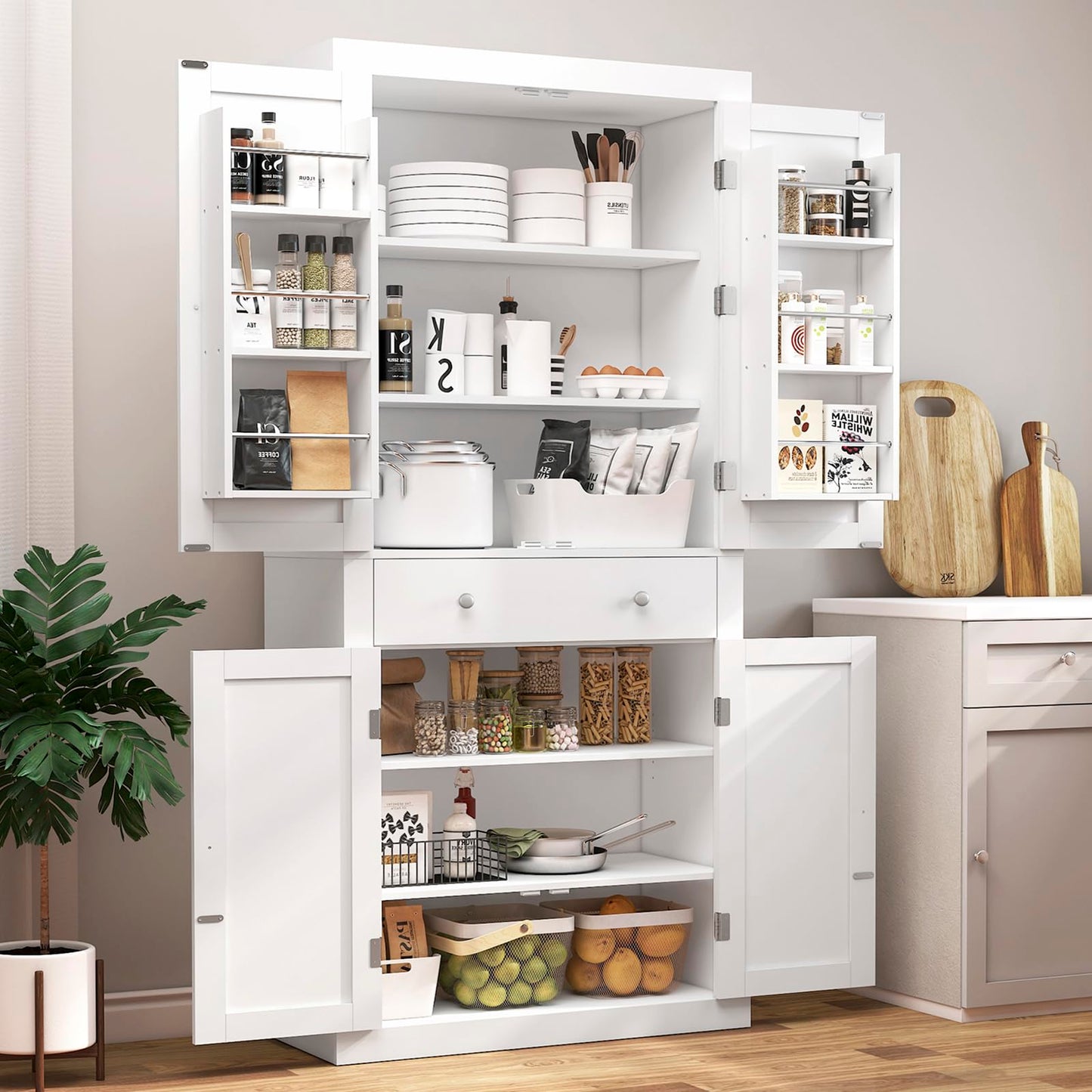 72” Kitchen Pantry Cabinet, Tall Storage Cabinet with 4 Doors and 1 Drawer, Cupboard with 6 Hanging Shelves and Adjustable Shelves for Kitchen, Dining Room, Living Room, White