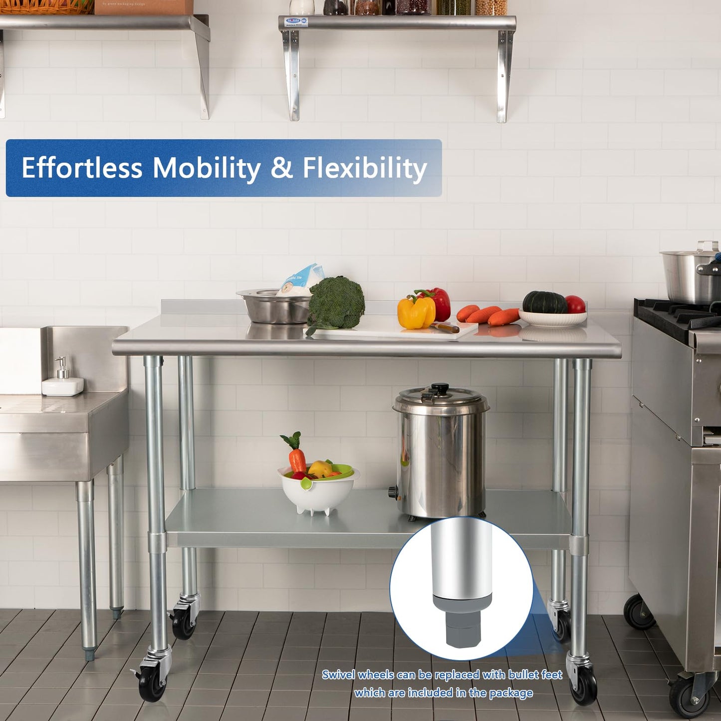 Stainless Steel Table 30 x 48 Inches with Wheels Casters NSF Heavy Duty Commercial Prep Table with 2” Backsplash and Adjustable Undershelf for Restaurant Kitchen Home and Hotel