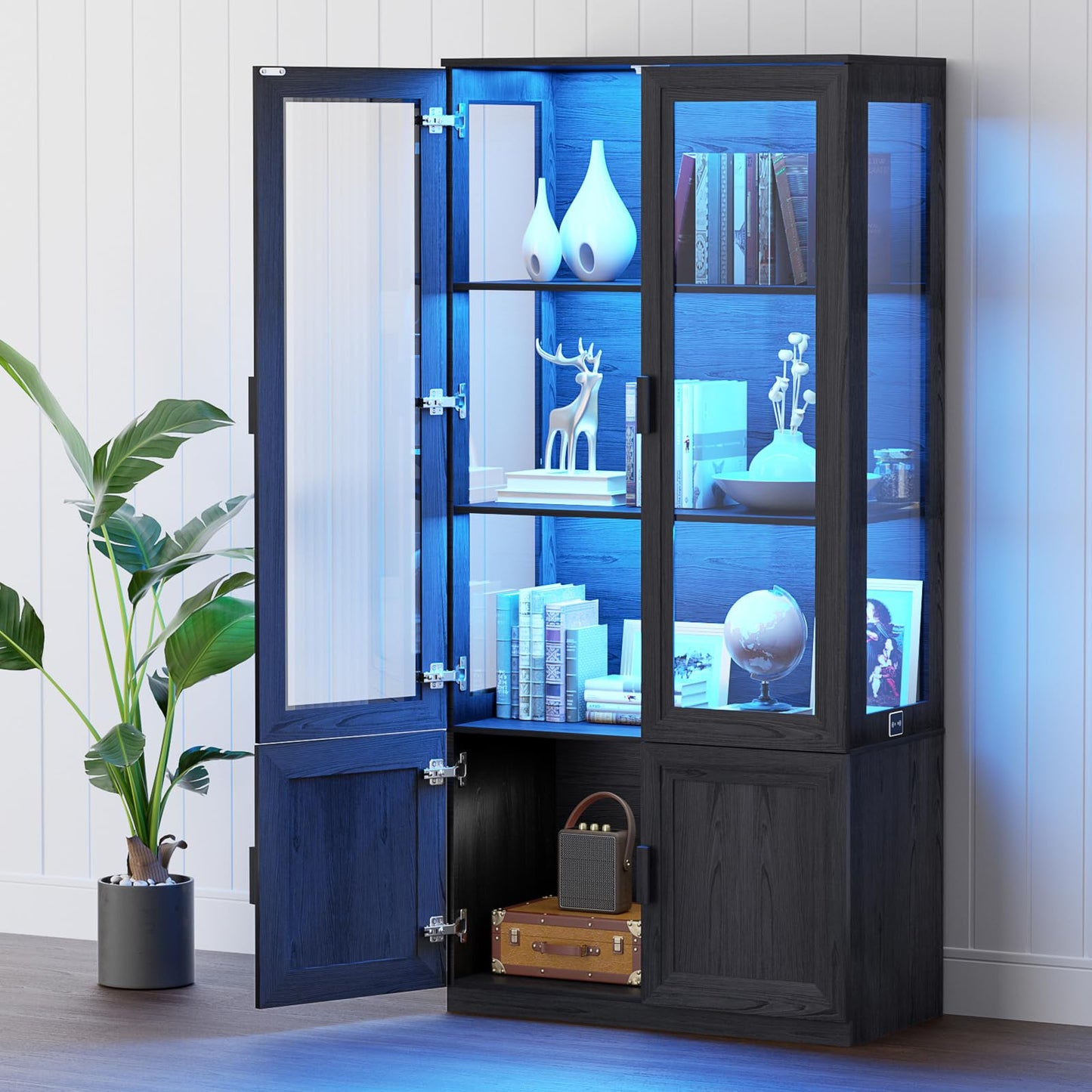 Display Cabinet with Glass Doors, Curio Cabinet with 3 Shelves, Bookcase with LED Lights, Storage Cabinet with Magnetic Lock & Buffer Hinge