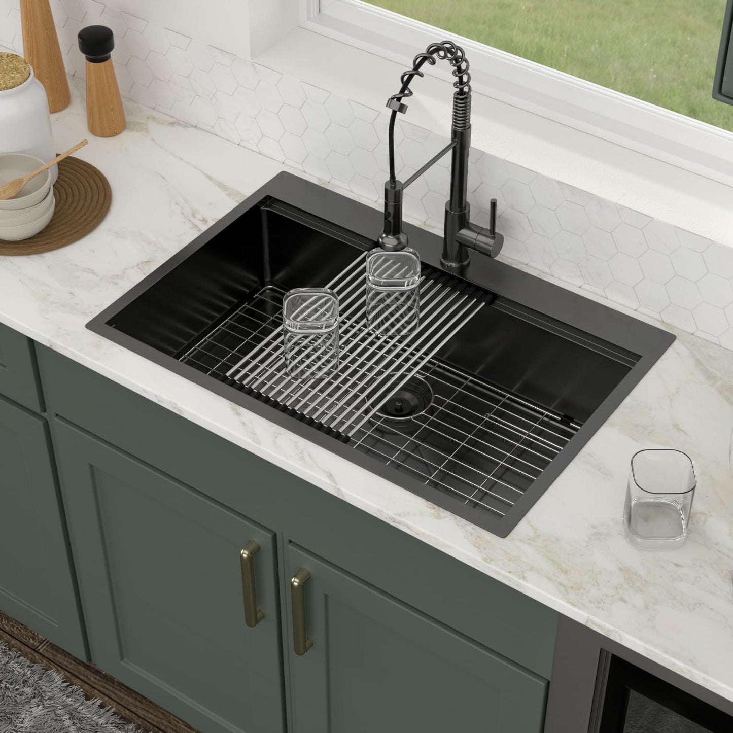 33 Inch Drop In Kitchen Sink - 33x22 Workstation NANO-PVD Gunmetal Black Sink16 Gauge Stainless Steel Drop in Ledge Sink Single Bowl Topmount Sink 33x22x9 Inches Overmount Sink