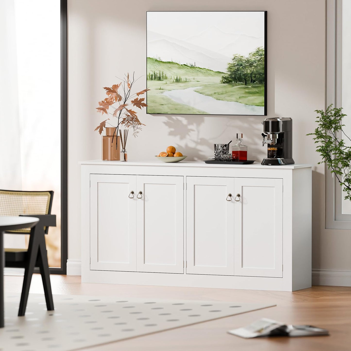 Buffet Cabinet with Storage - Kitchen Storage Cabinet Wood Console Table Coffee Bar Accent Cabinets for Living Room Dining Room Entryway White 57.5" W