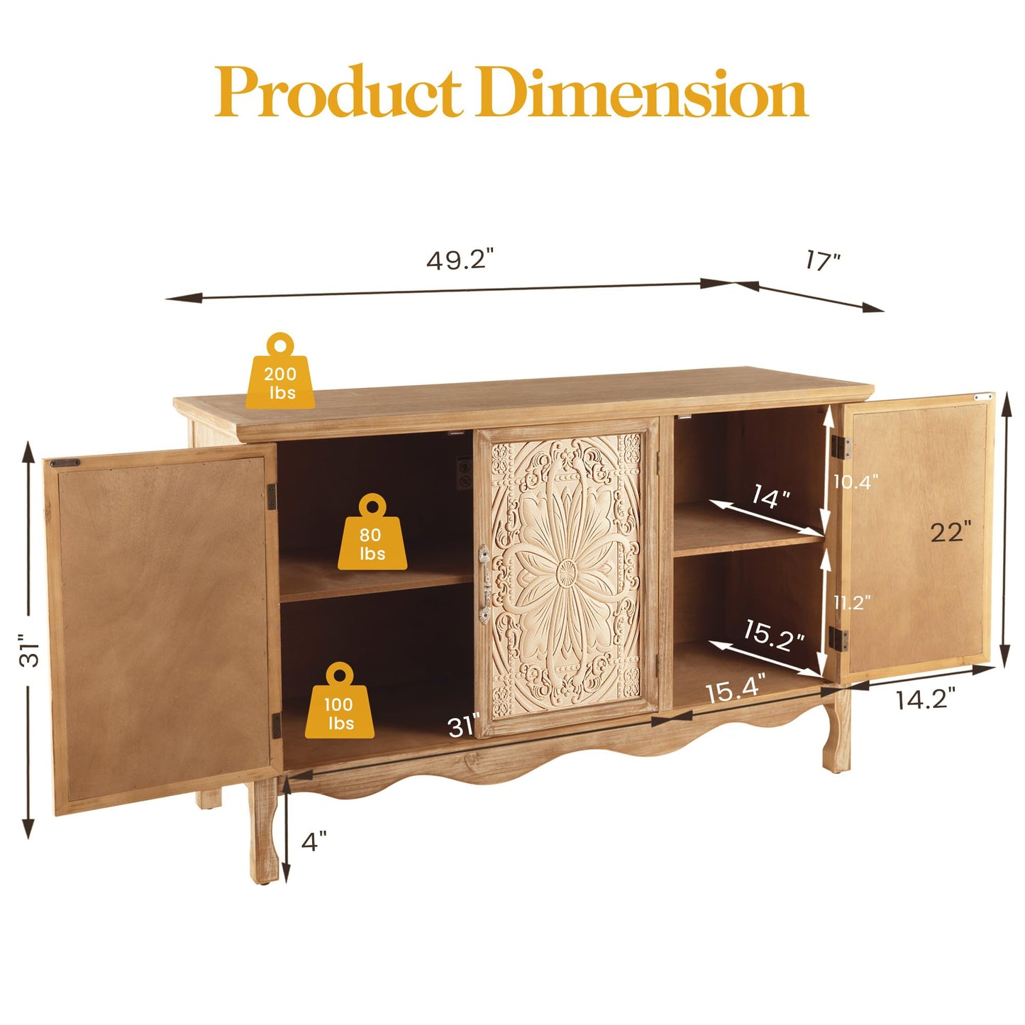 Solid Wood Sideboard Buffet Cabinet with Storage,49'' Farmhouse Credenza Accent Cabinet with 4 Doors, Console Table Entertaiment Center for Living Room, Entryway, Kitchen, Natural