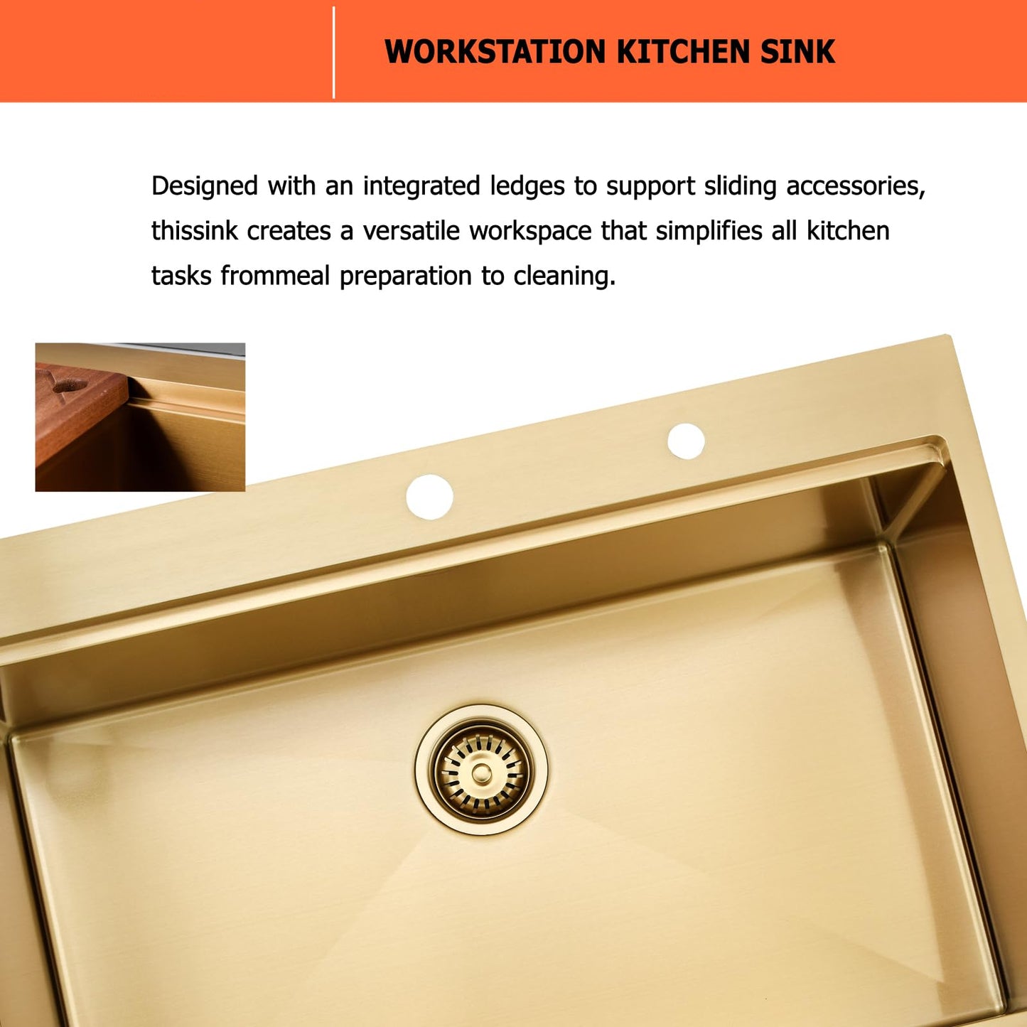 33 Inch Gold Kitchen Sink Drop In-33×22 Drop-In Kitchen Sink Gold Workstation Kitchen Sink 16-Gauge Gold Stainless Steel Kitchen Sink 10 Inch Deep Single Bowl Kitchen Sink with Cutting Board