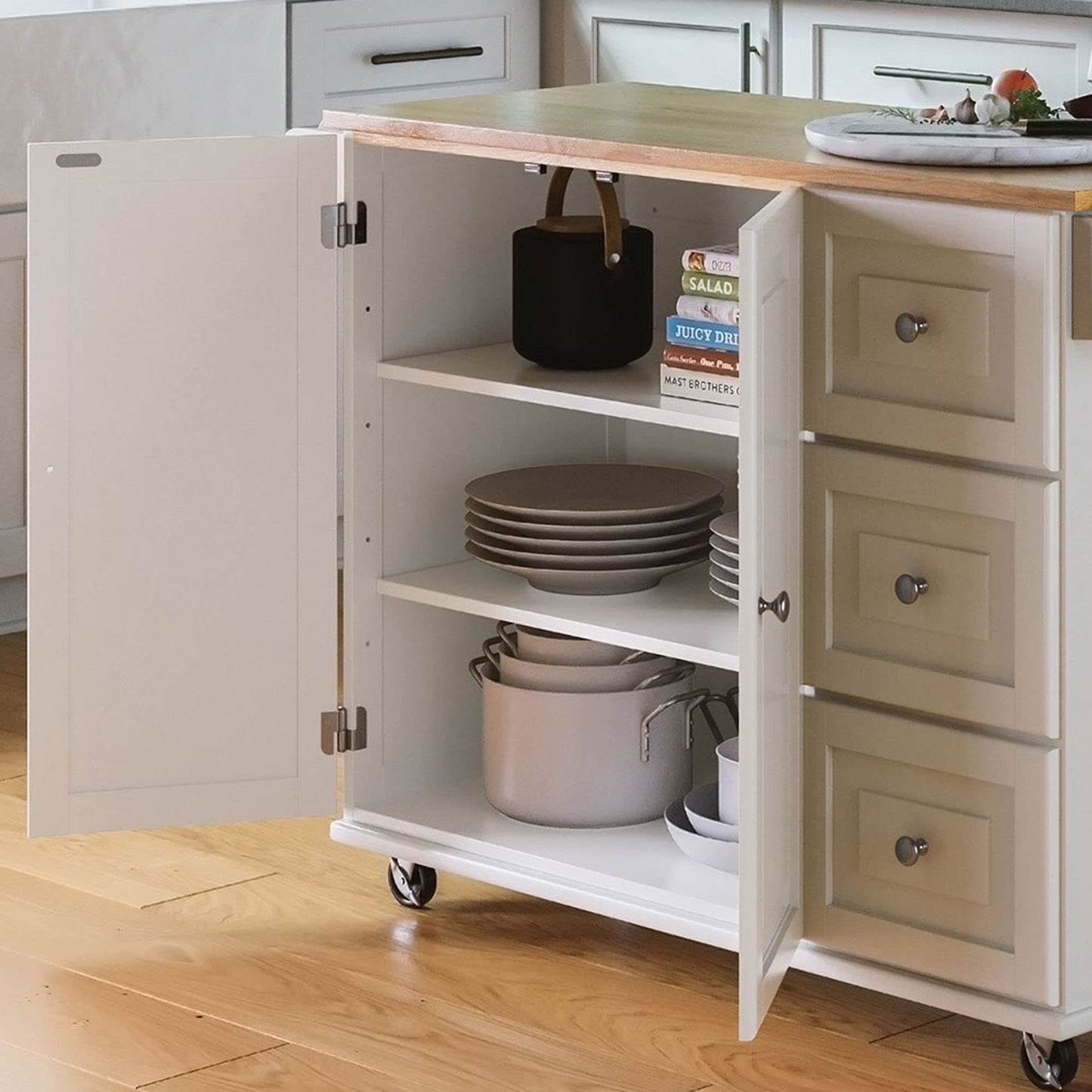 Dolly Madison Off-White Mobile Kitchen Island Cart with Wood Drop Leaf Breakfast Bar