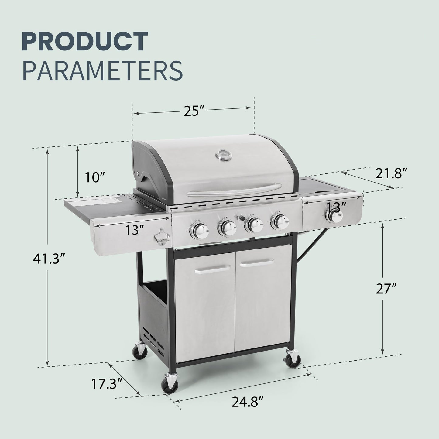 4-Burner Propane Gas BBQ Grill with Side Burner & Porcelain-Enameled Cast Iron Grates, 42,000 BTU Output Stainless Steel Grill for Outdoor Cooking Kitchen and Patio Backyard Barbecue