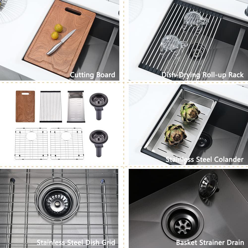 33 Inch Double Bowl Undermount Kitchen Sink Workstation-33x19 Double Bowl Kitchen Sink Undermount Black Stainless Steel 16 Gauge Deep Low Divided 50/50 Undermount Double Bowl Kitchen Sink