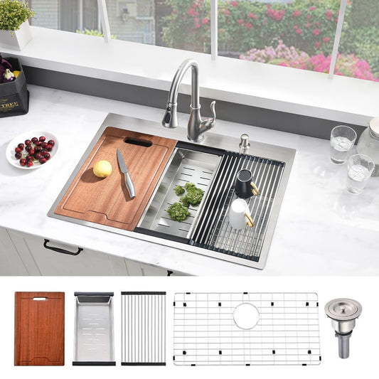 33 Inch Kitchen Sink Drop In Worktation- 33x19 Top Mount Drop In Sink Stainless Steel Kitchen Sink 16 Gauge Deep Single Bowl Kitchen Sink with Cutting Board