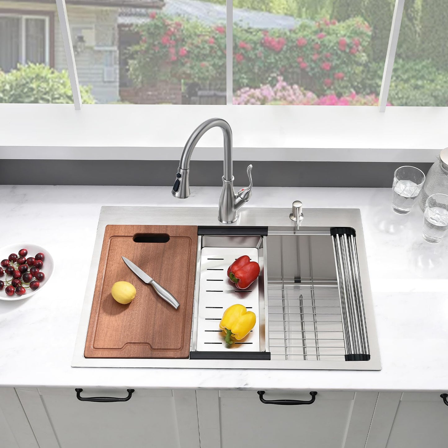 33 Inch Kitchen Sink Drop In Worktation- 33x19 Top Mount Drop In Sink Stainless Steel Kitchen Sink 16 Gauge Deep Single Bowl Kitchen Sink with Cutting Board