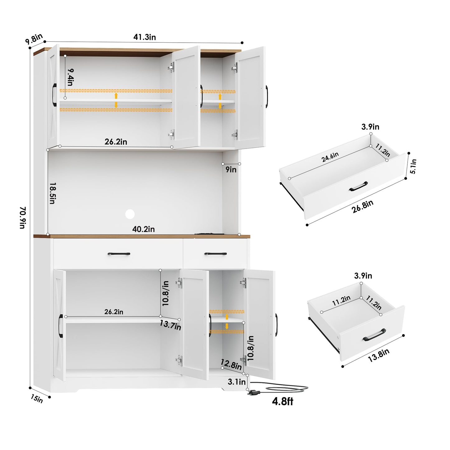 71" Pantry Cabinet with Charging Station, Tall Kitchen Pantry Storage Cabinet with Microwave Stand, Farmhouse Kitchen Hutch Cabinet with Storage Drawers for Living Room, Dining Room, White