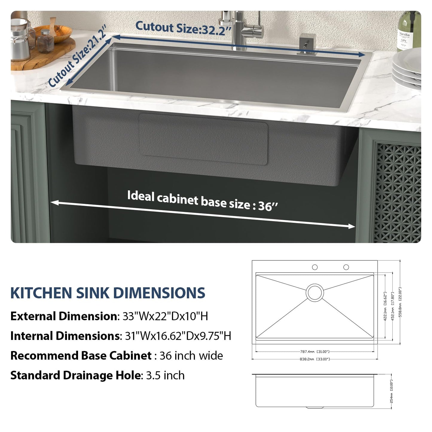 33 Drop In Kitchen Sink Workstation 33x22 Kitchen Sinks Drop In Stainless Steel 16 Gauge Single Bowl Handmade Topmount Kitchen Sink with Cutting Board