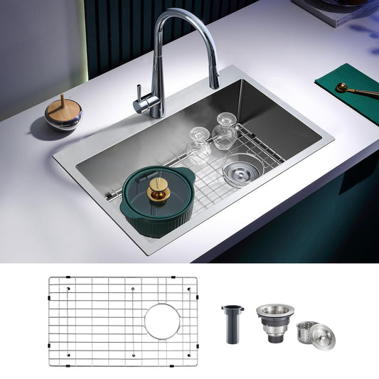 26 inch Drop-in Kitchen Sink Single Bowl, Topmount Kitchen Sink with Protective Bottom Grid, Overmount 304 Stainless Steel Kitchen Bar Sink Handmade with Basket Strainer, 26×18×9 inch