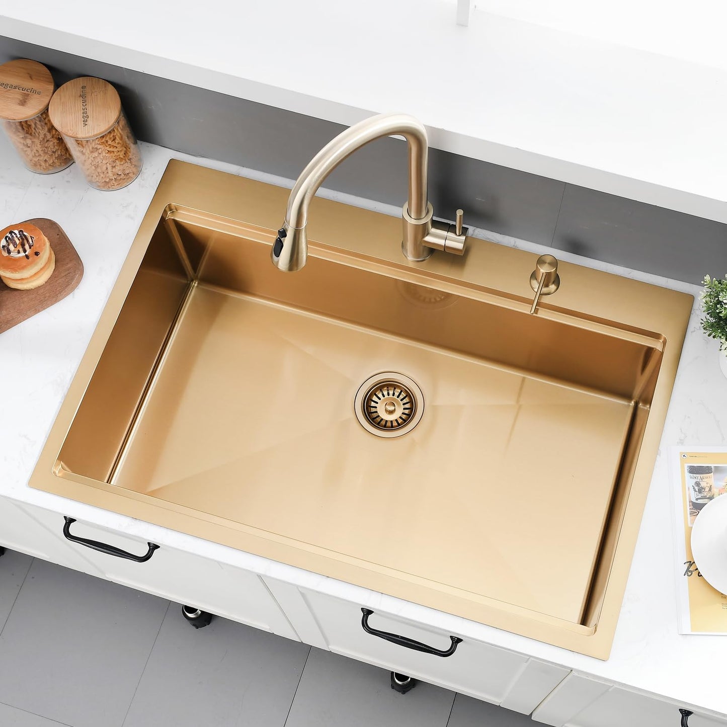 33 Inch Gold Kitchen Sink Drop In-33×22 Drop-In Kitchen Sink Gold Workstation Kitchen Sink 16-Gauge Gold Stainless Steel Kitchen Sink 10 Inch Deep Single Bowl Kitchen Sink with Cutting Board