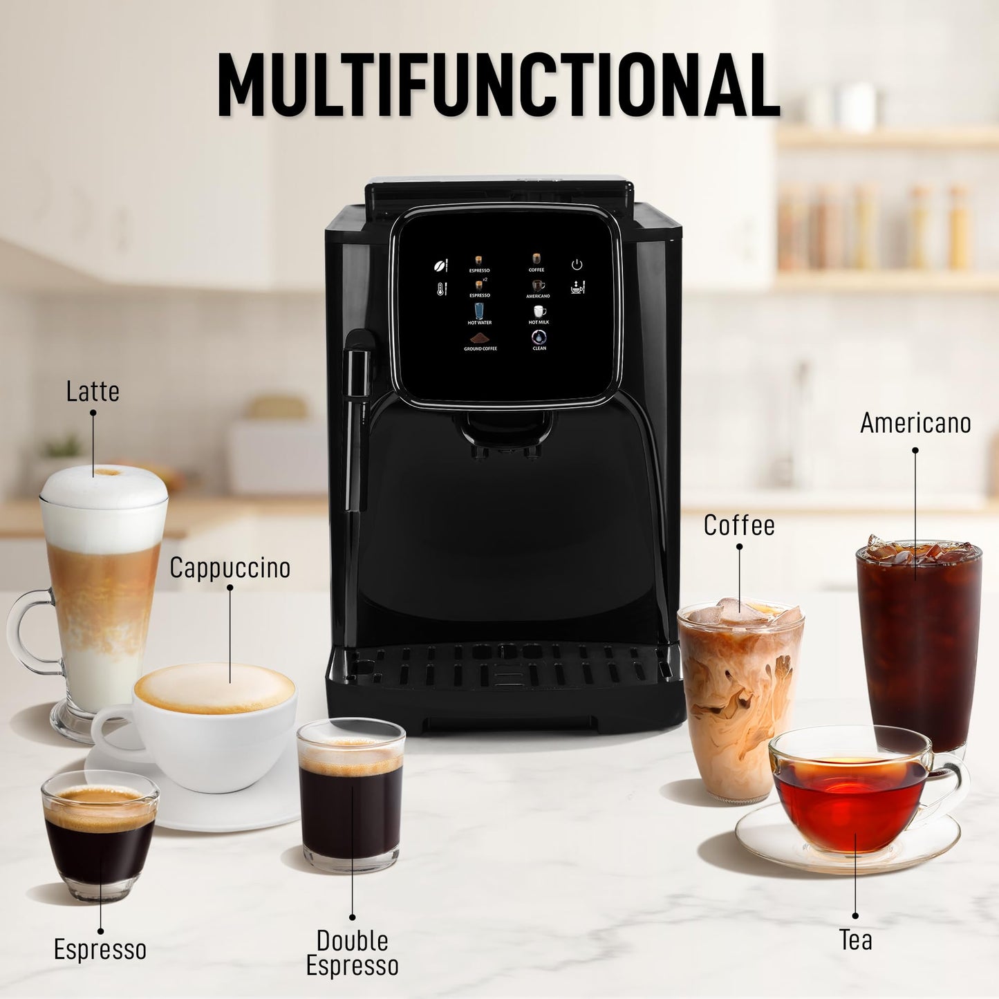 Fully Automatic Espresso Machine With Grinder - Touch Screen Coffee Maker With One-Touch Operation - Milk Foam System For Latte, Cappuccino, Macchiato - Black