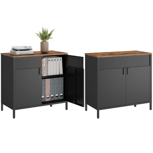 Set of 2 Storage Cabinets, Floor Standing Cabinets with Doors, 15.7 x 31.5 x 29.9 Inches, Adjustable Shelf, Space-Saving Sideboards, Industrial Style, Rustic Brown and Black