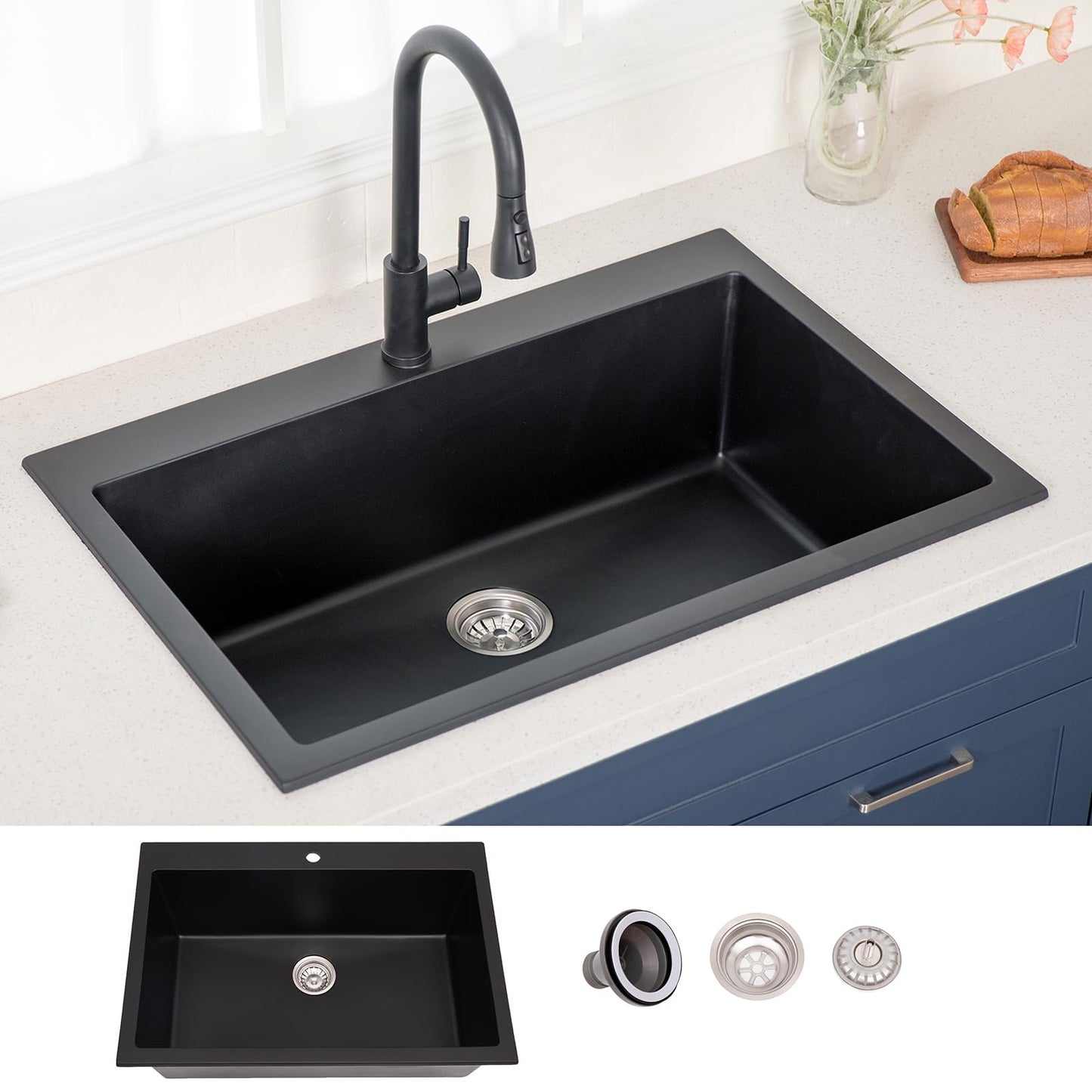 33 inch Black Quartz Single Bowl Kitchen Sink, Dual Mount Kitchen Sink, Granite Composite Matte Black Kitchen Sink, 33 x 22 x 9 inch Deep Workstation Sink for Kitchen with Drain