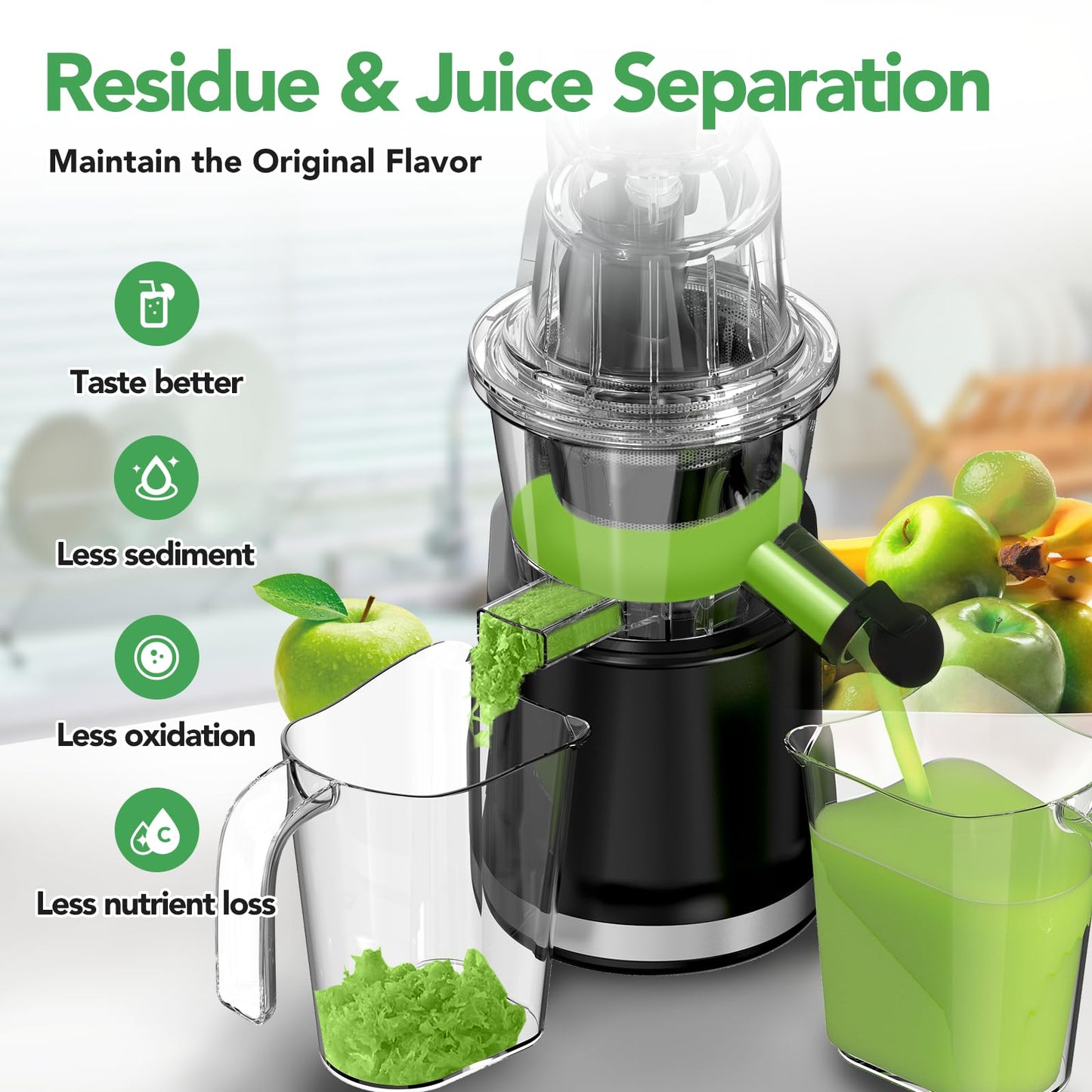 Cold Press Juicer, Juicer Machines with Large Feed Chute, Large Capacity, Slow Masticating Juicer for Fruits and Vegetables, Self Feeding for Juice Extractor,BPA-Free, Black