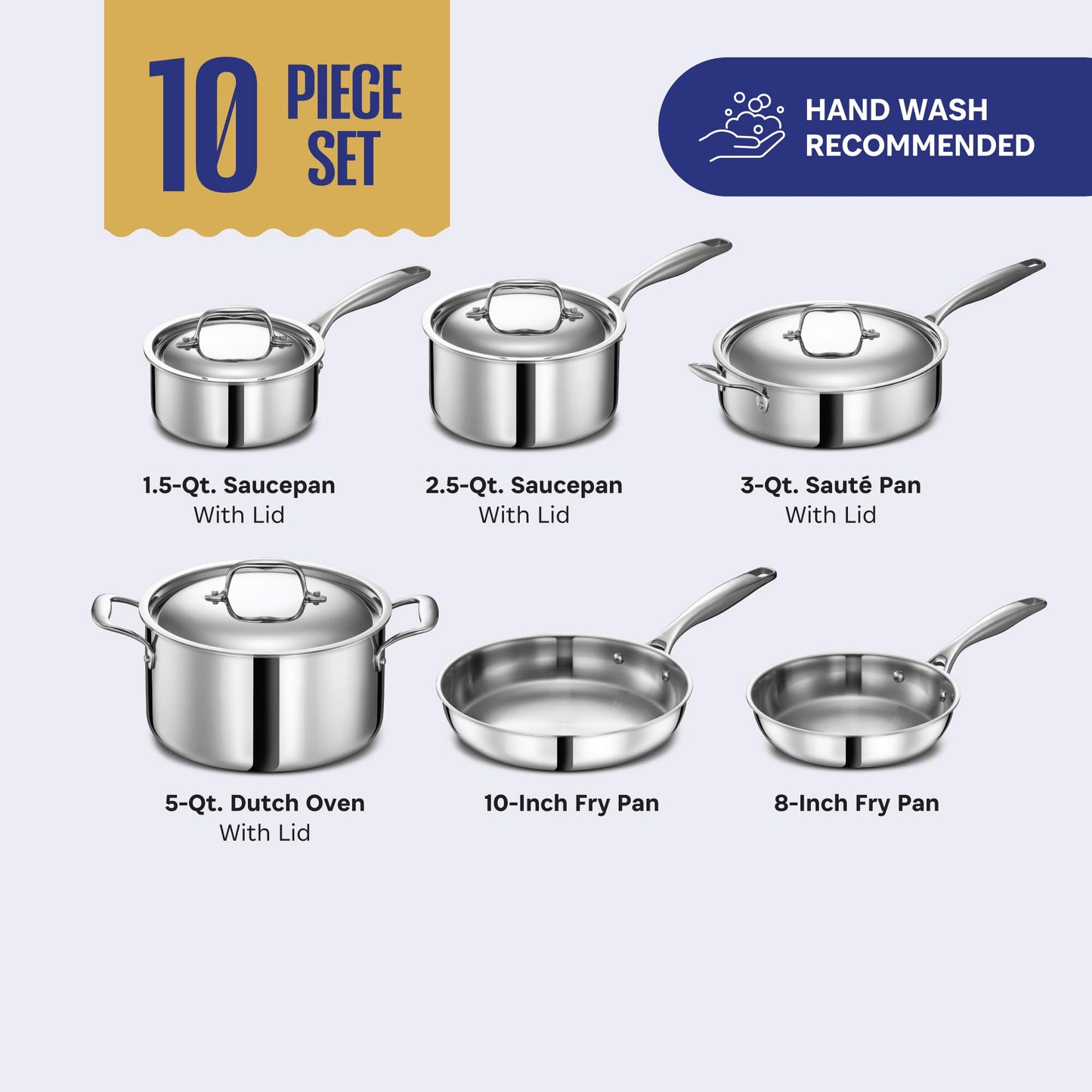 3 Ply Stainless Steel Pots and Pans Set | 10-Piece, Induction, Oven Safe | Best 18/8 Full Clad | Premium Kitchen Cooking