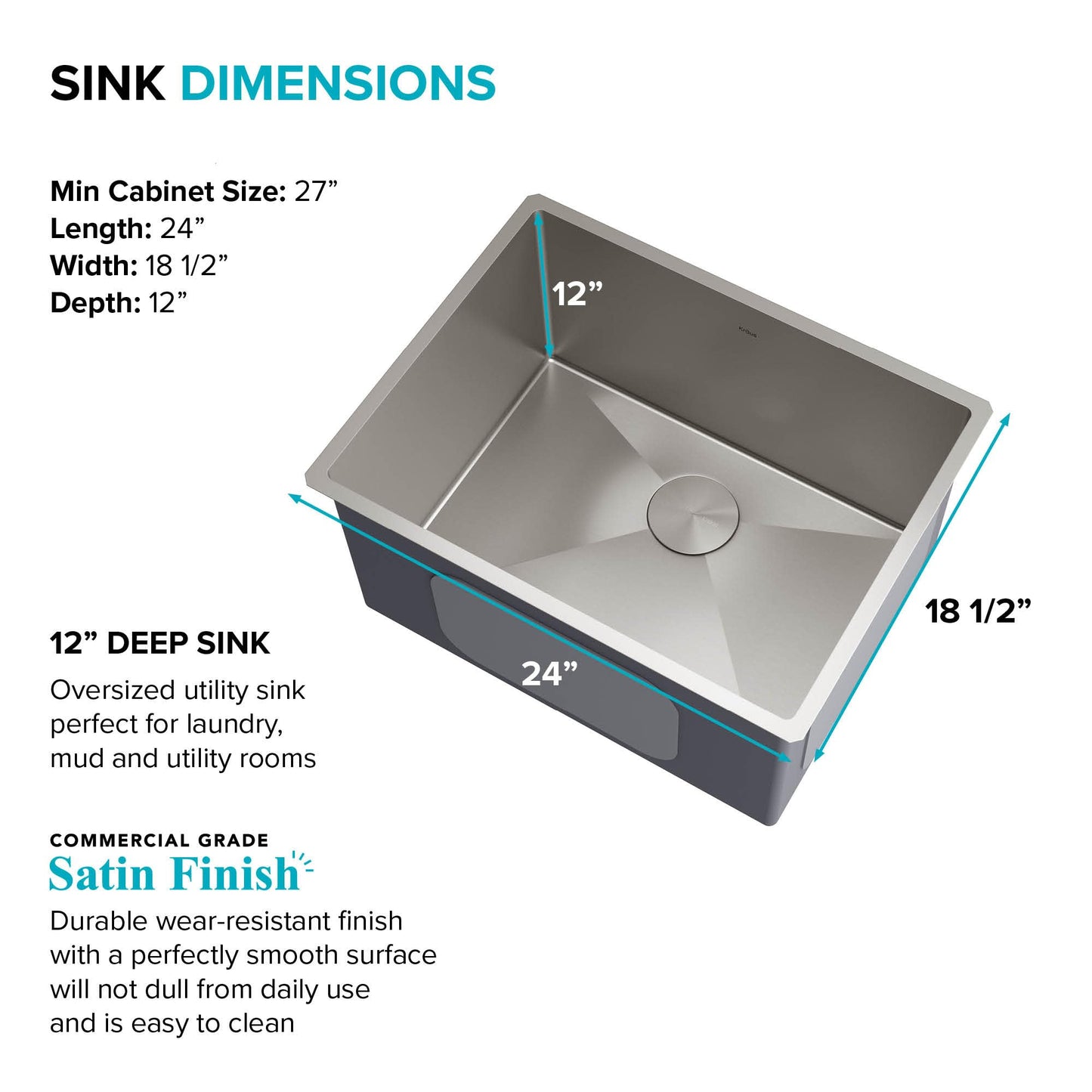 Standart PRO 24-inch Undermount 16 Gauge Single Bowl Laundry and Utility Sink, 24 Inch, Tight Radius