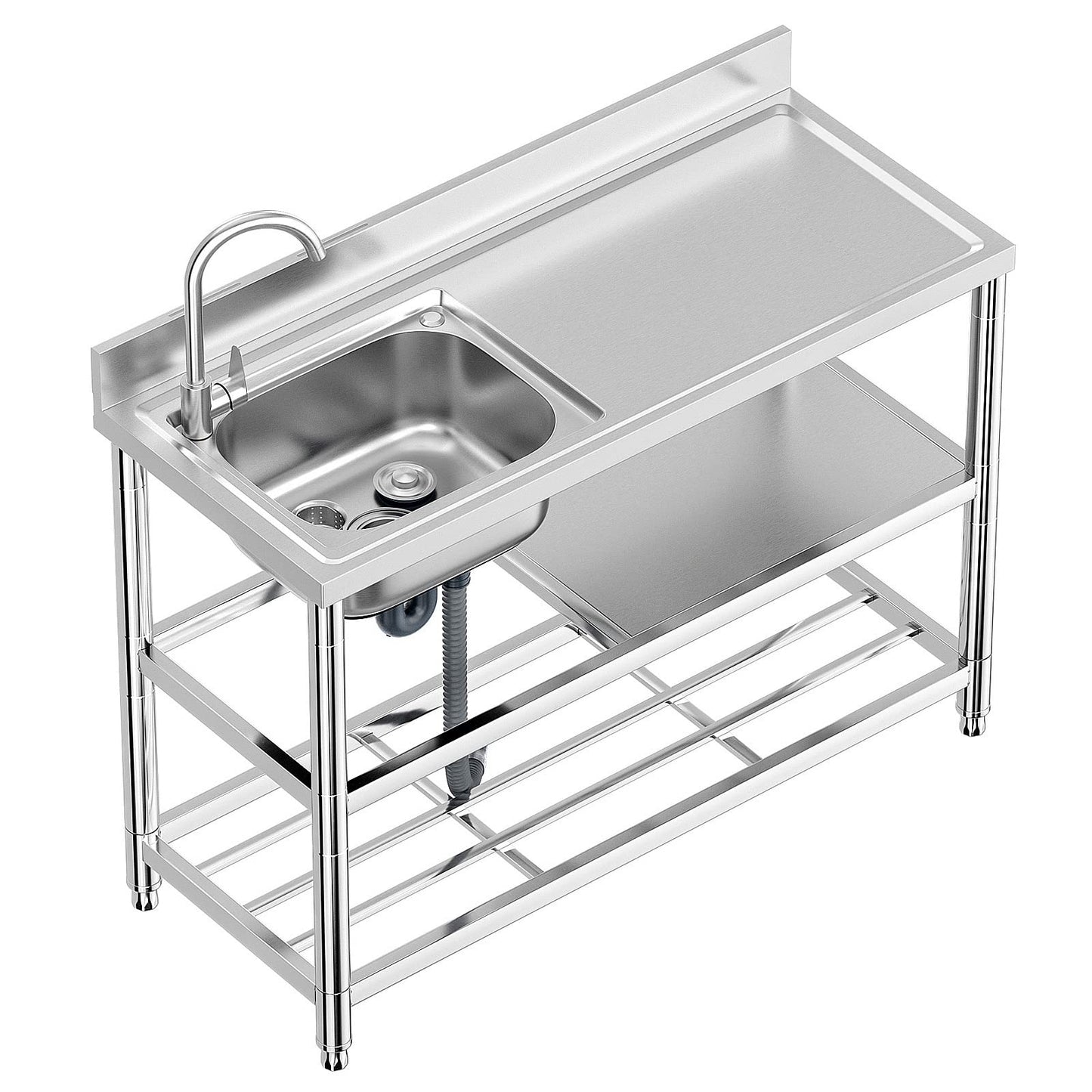 Free Standing Stainless-Steel Single Bowl Commercial Restaurant Kitchen Sink Set w/Faucet & Drainboard, Prep & Utility Washing Hand Basin w/Workbench & Double Storage Shelves Indoor Outdoor (47in)