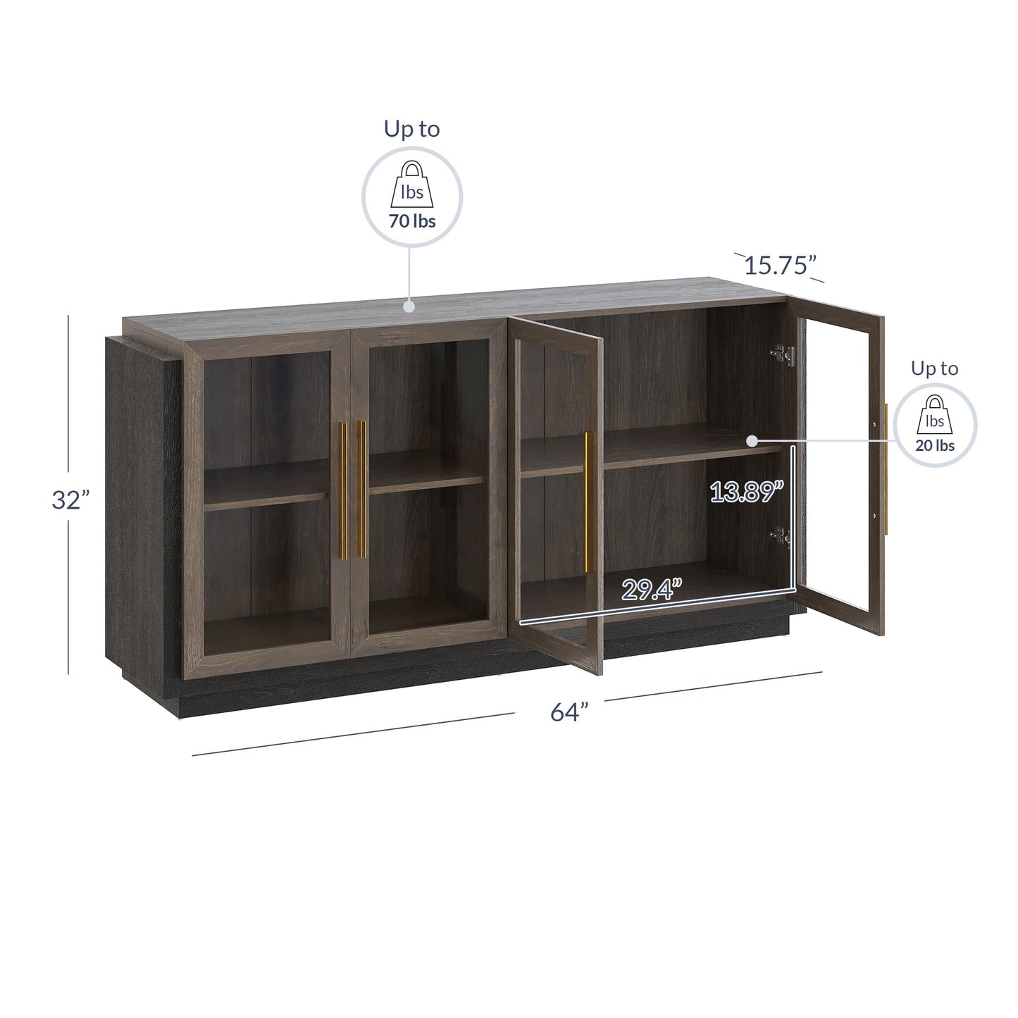 Sideboard Buffet Cabinet, Modern Wood Glass-Buffet-Sideboard with Storage, Console Table for Kitchen, Dining Room, Living Room, Hallway, or Entrance - Brixston (Brown)