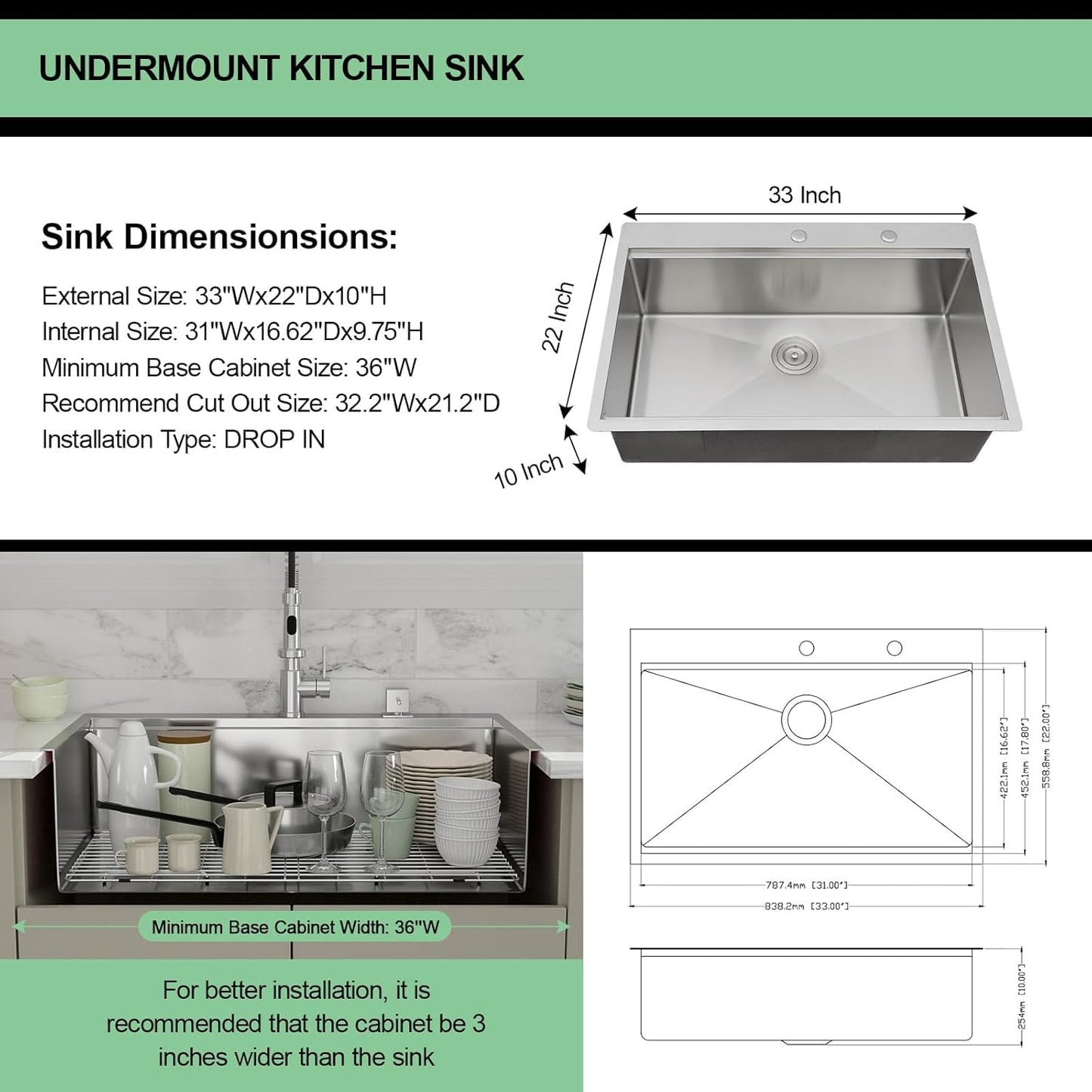 33 Inch Drop In Kitchen Sink Workstation 16 Gauge T304 stainless Steel Drop In Sink 33x22 Single Bowl Top Mount Over Counter Handmade Kitchen Basin 33x22x10 Inch