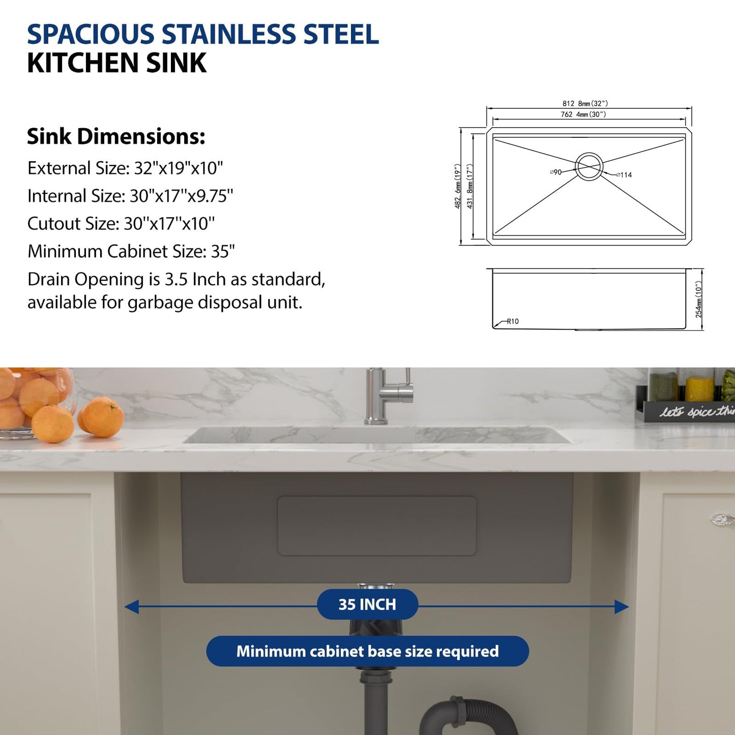 32 Inch Undermount Sink Stainless Steel Undermount Kitchen Sinks Workstation Single Bowl 16 Gauge Under Counter Kitchen Sink Basin 32x19x10 Inch