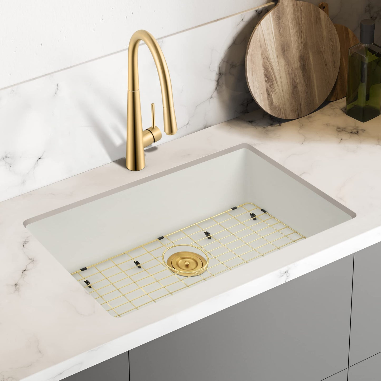 White Kitchen Sink 31 X 18 inch,Single Bowl Undermount Sink,White Granite Sink with Gold Sink Grid and Gold Sink Strainer