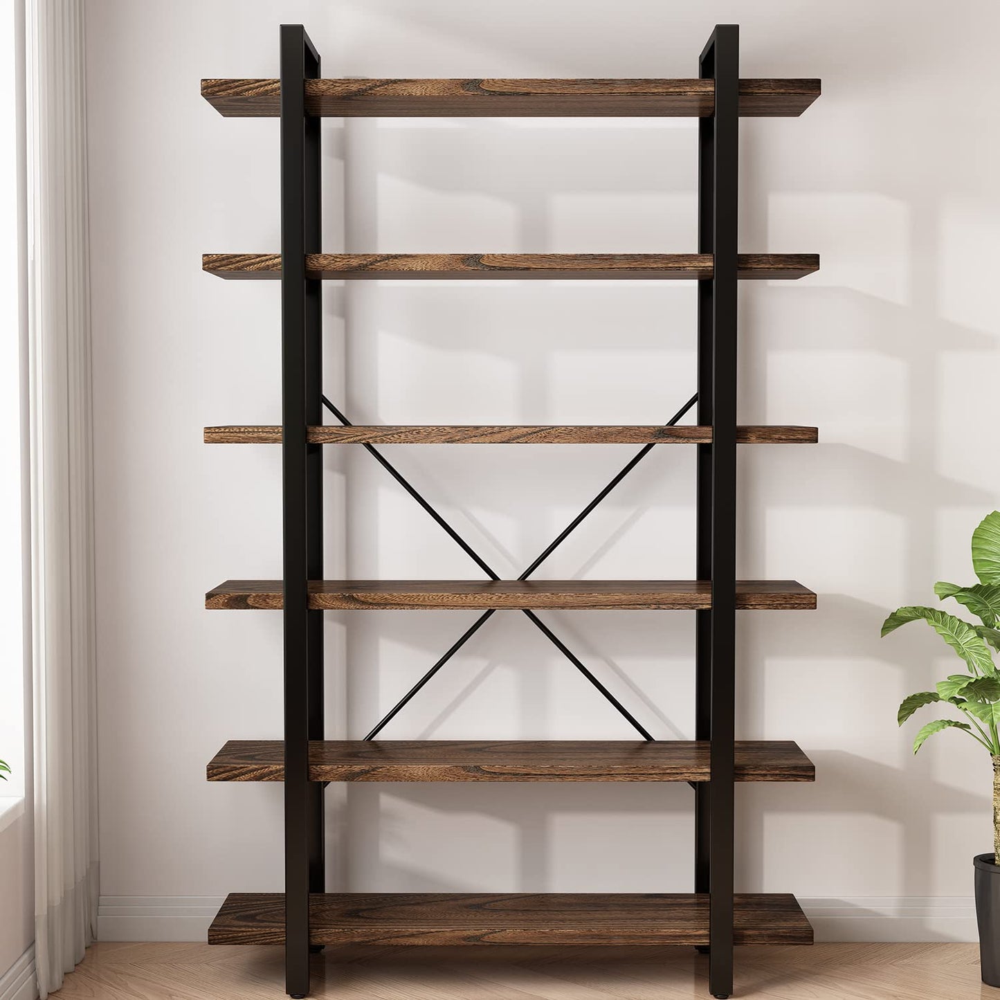 Solid Wood Bookcase and Book Shelves Wood and Metal Shelving Unit 5 Tier Bookshelf Modern Rustic Open Bookshelf Office,Distressed Brown (AY-02-6Tier)