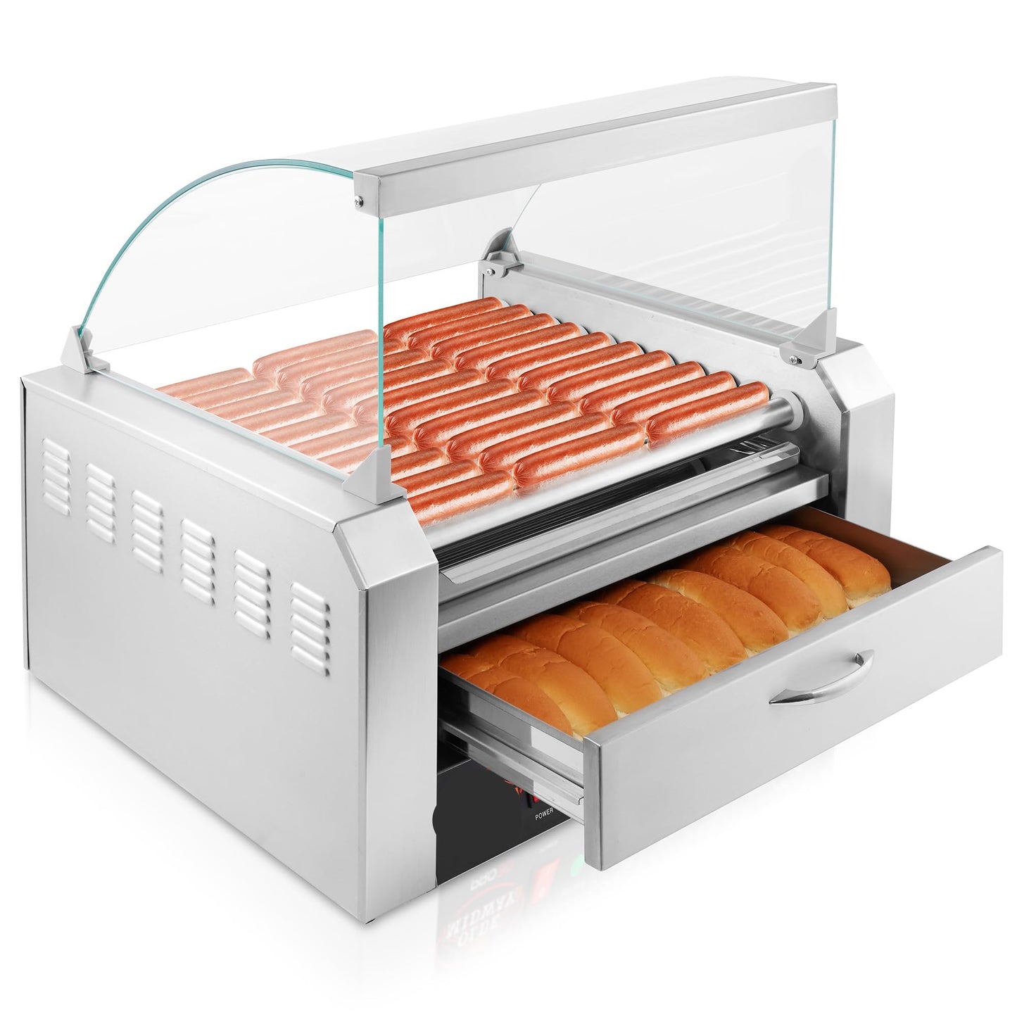 Electric 30 Hot Dog 11 Roller Grill Cooker Machine with Bun Warming Drawer and Cover - Commercial Grade, Stainless Steel