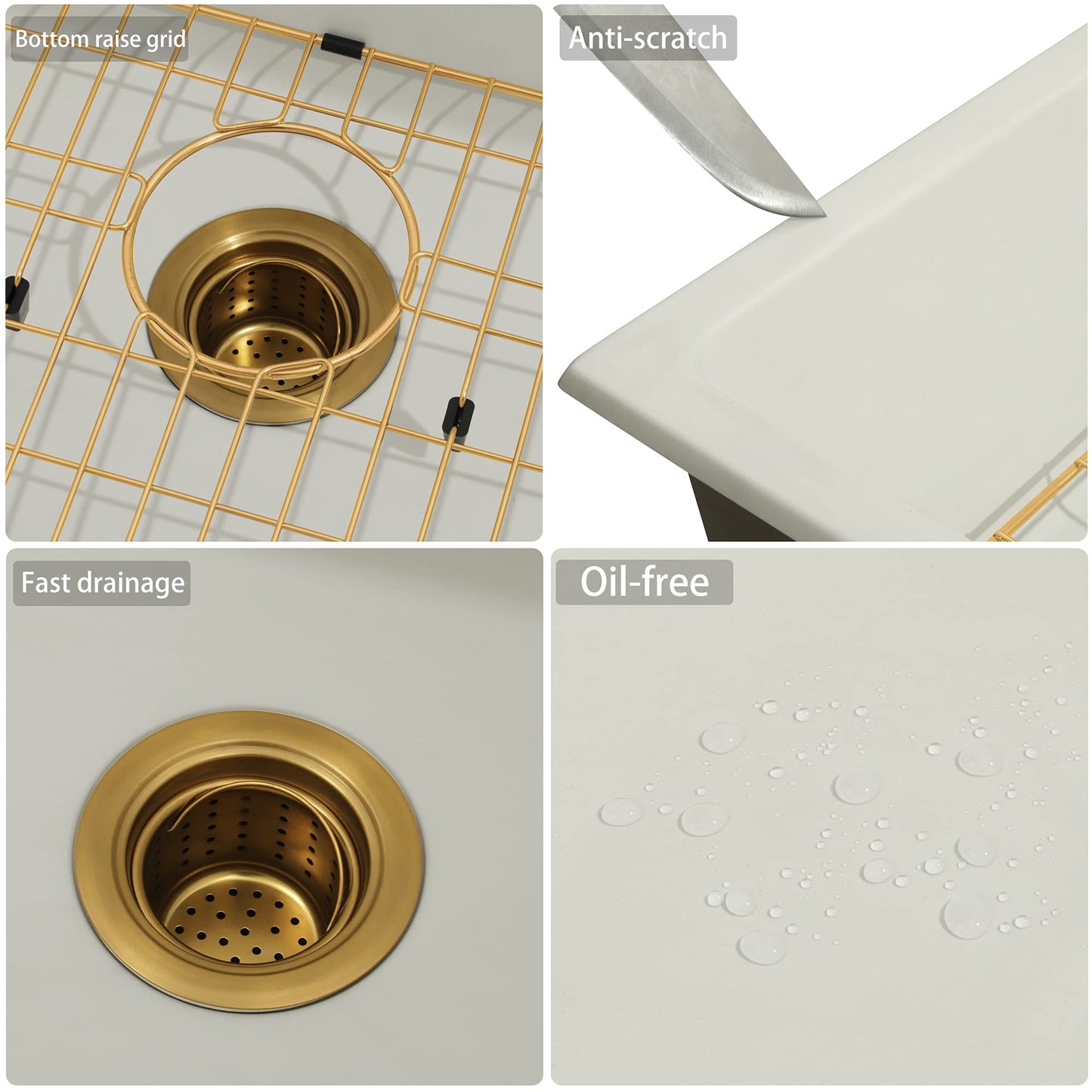 White Kitchen Sink 31 X 18 inch,Single Bowl Undermount Sink,White Granite Sink with Gold Sink Grid and Gold Sink Strainer