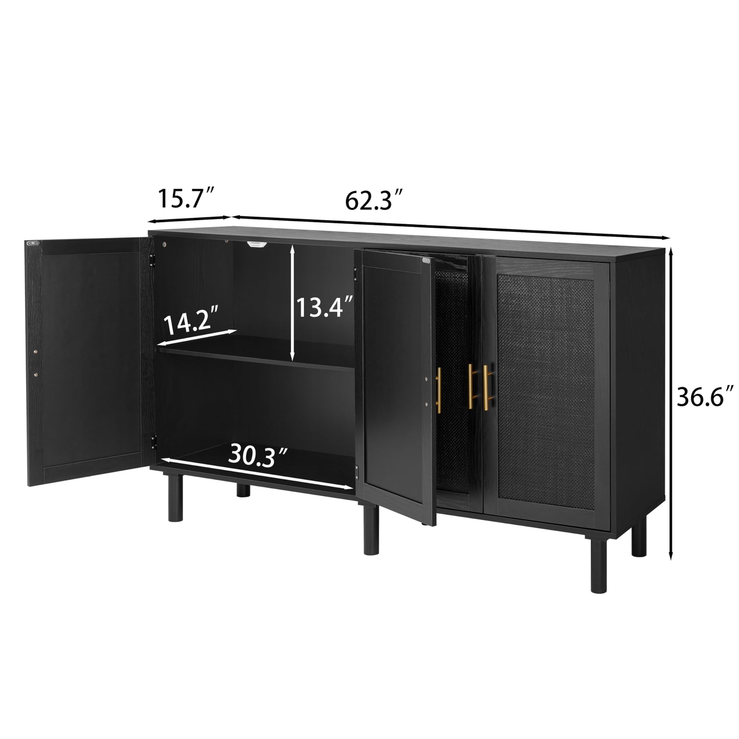 4 Door Sideboard Buffet Cabinet, Kitchen Storage Cabinet with Black Painted Rattan Decorated Doors, Cupboard Console Table, Boho Accent Liquor Cabinet, 62.3X 15.7X 34.6 Inches, Full Black