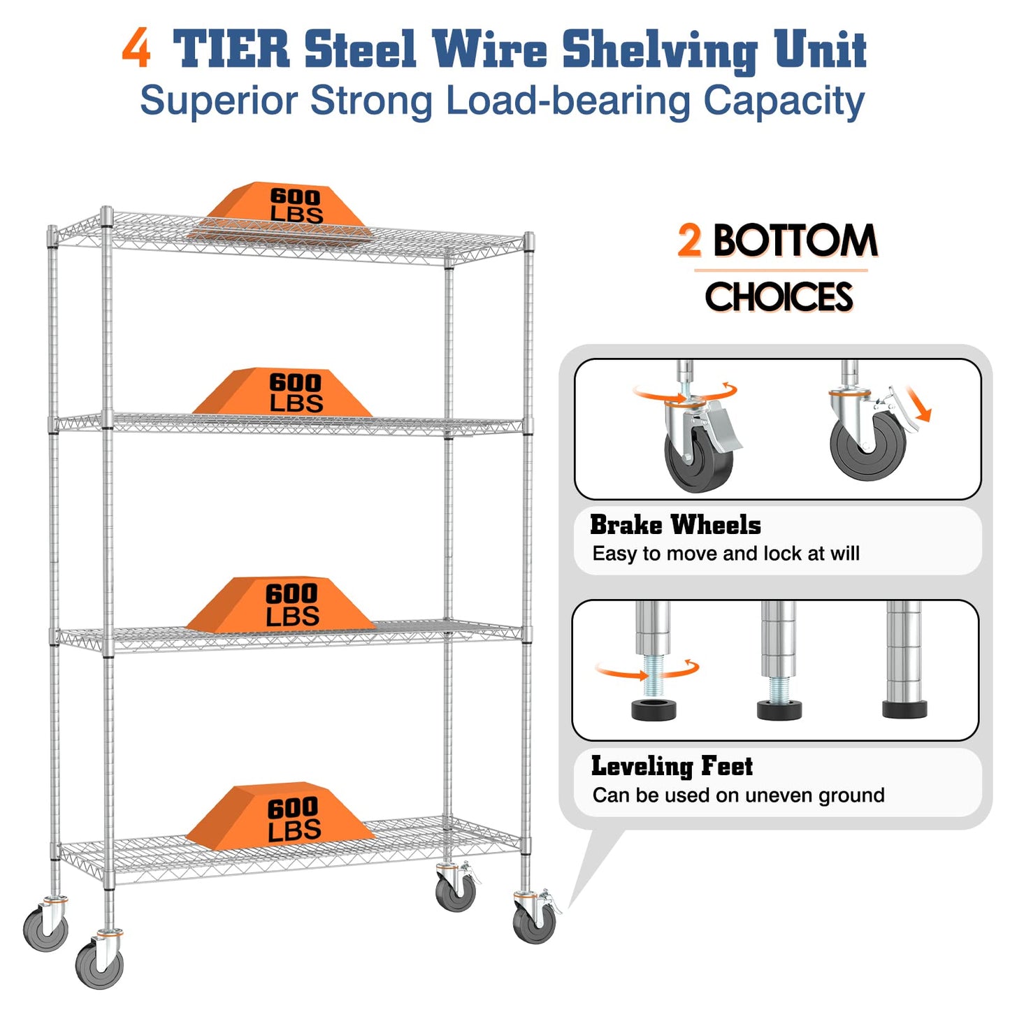 Wire Shelving Unit with Wheels, 4 Tier Adjustable Storage Shelves 48"×24"×72", 2400LBS Heavy Duty Shelving Commercial Grade Metal Storage Utility Rack for Kitchen Garage, Chrome