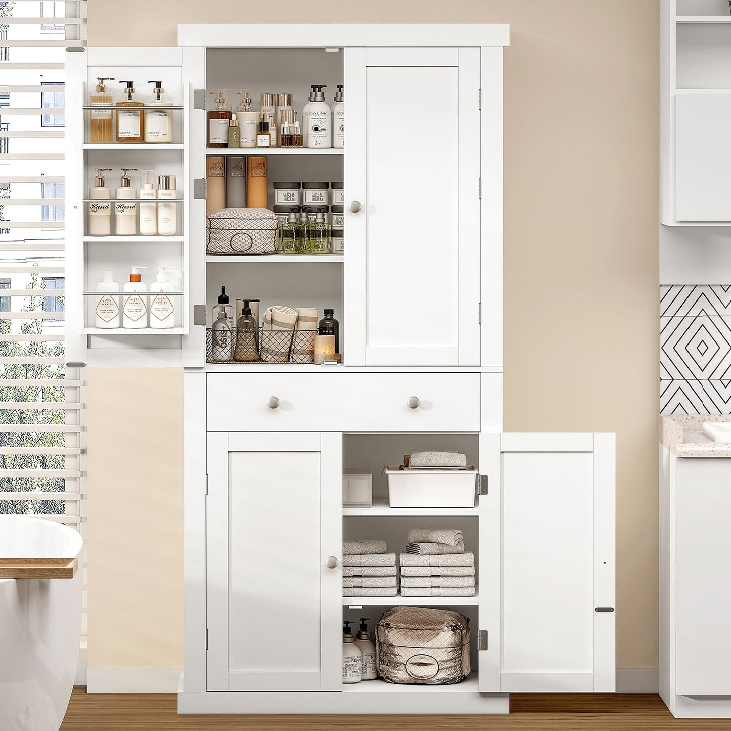 72” Kitchen Pantry Cabinet, Tall Storage Cabinet with 4 Doors and 1 Drawer, Cupboard with 6 Hanging Shelves and Adjustable Shelves for Kitchen, Dining Room, Living Room, White