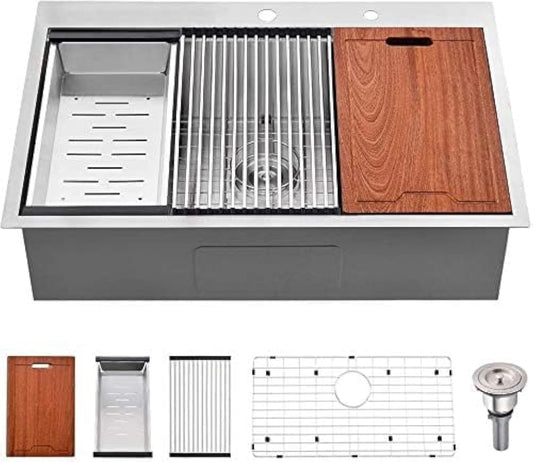 33 Inch Drop In Kitchen Sink Worktation-33x22 Drop In Sink Top Mount Stainless Steel Kitchen Sink 16 Gauge Workstation Kitchen Sink Deep Single Bowl Kitchen Sink with Cutting Board